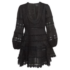 Used Zimmermann X Barneys Black Lace Trim Linen Tiered Mini Dress L