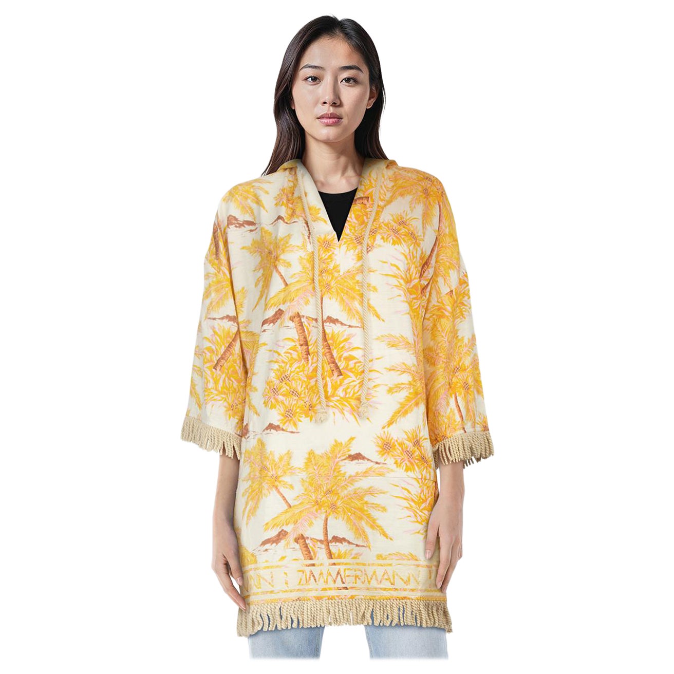Zimmermann Yellow Palm Tree Hooded Poncho Size M For Sale