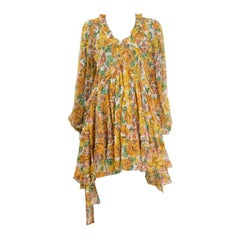 ZIMMERMANN yellow silk chiffon FLORAL POPPY Long Sleeve Shift Dress 1 S