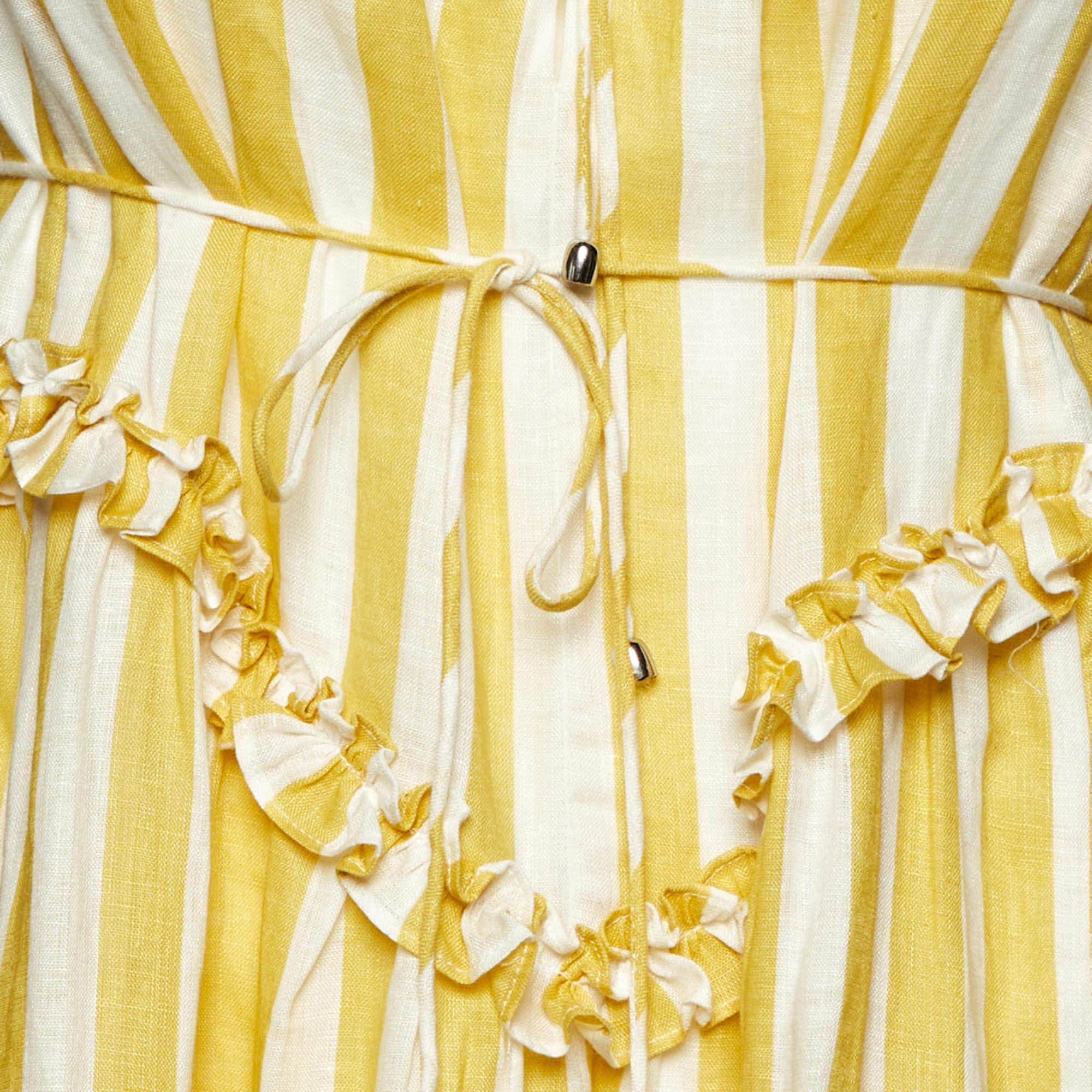 Zimmermann Yellow Stripe Print Linen Flared Midi Dress XS In Good Condition In Dubai, Al Qouz 2