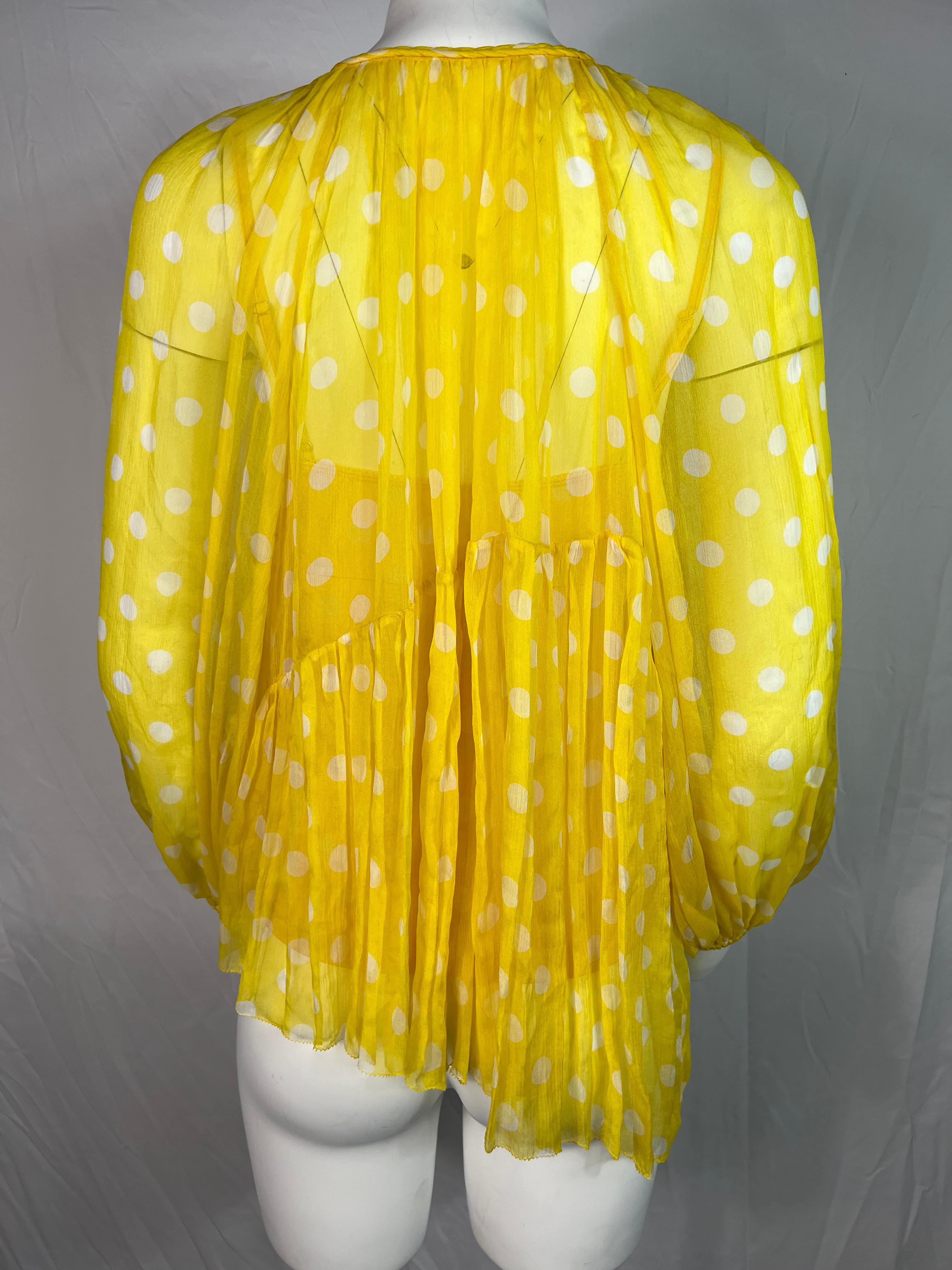 Women's Zimmermann Yellow & White Silk Polka Dot Blouse Top, Size 2 For Sale