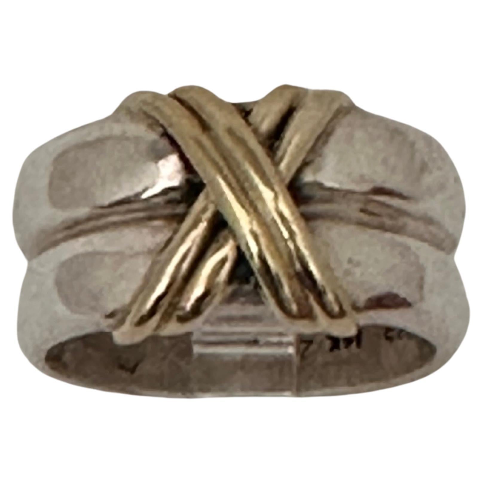 ZINA of Beverly Hills Sterling Silver .925 & 14k Gold 10mm Wide "X" Ring Sz 5.5 For Sale