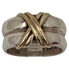 Used ZINA of Beverly Hills Sterling Silver .925 & 14k Gold 10mm Wide "X" Ring Sz 5.5