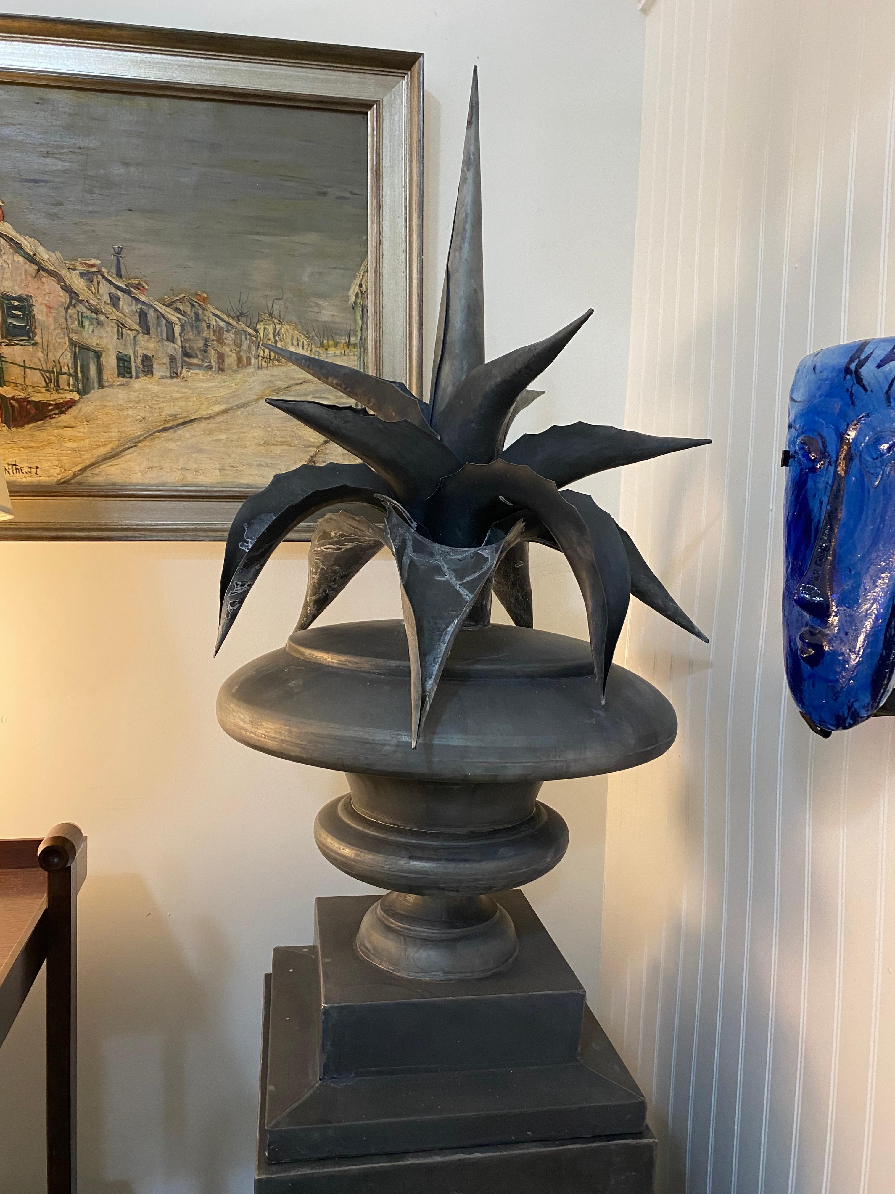 Belgian Zinc agave plant sculpture on pedestal stand by Domani modern Sutherland  For Sale