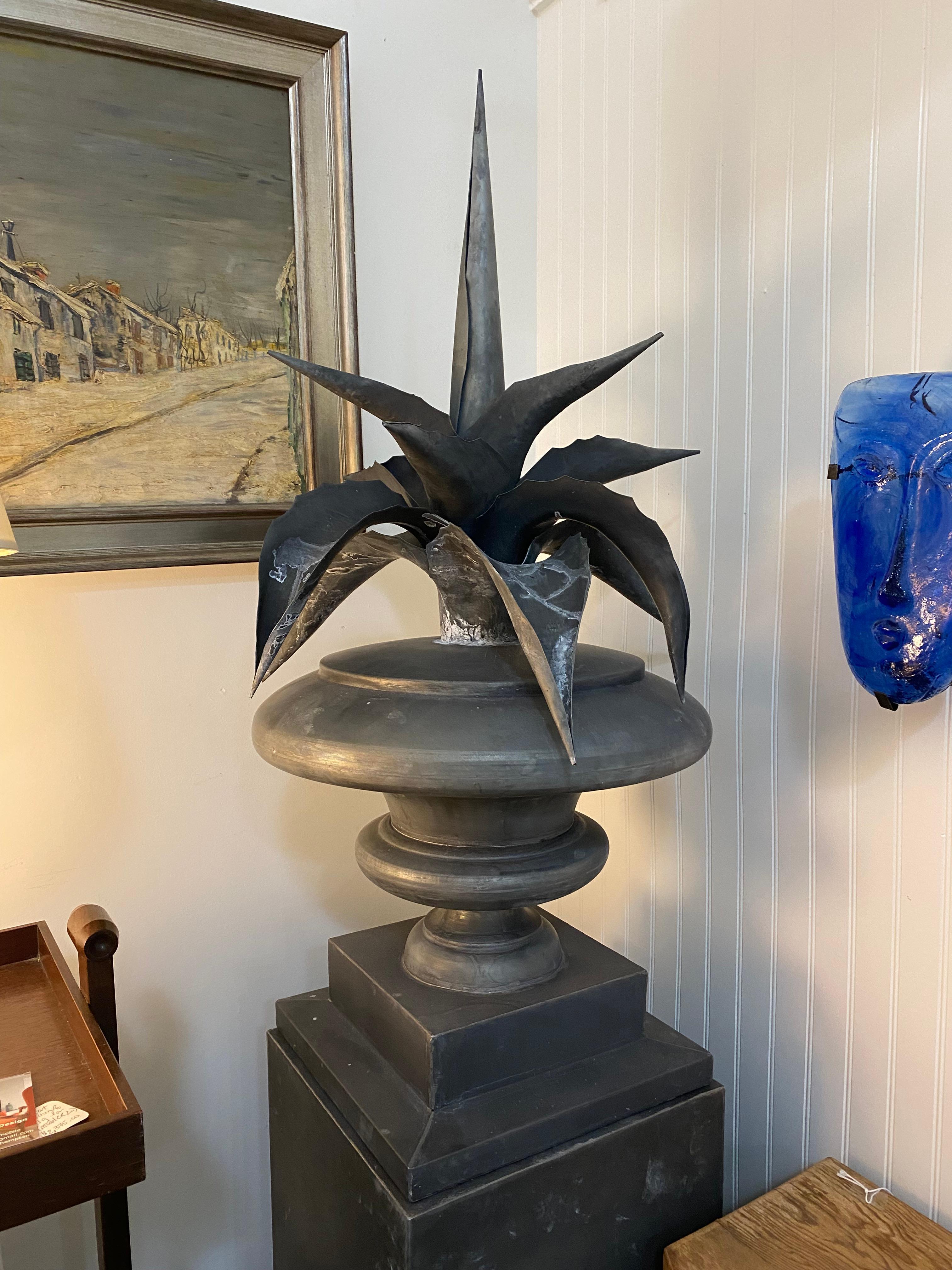 Hand-Crafted Zinc agave plant sculpture on pedestal stand by Domani modern Sutherland  For Sale