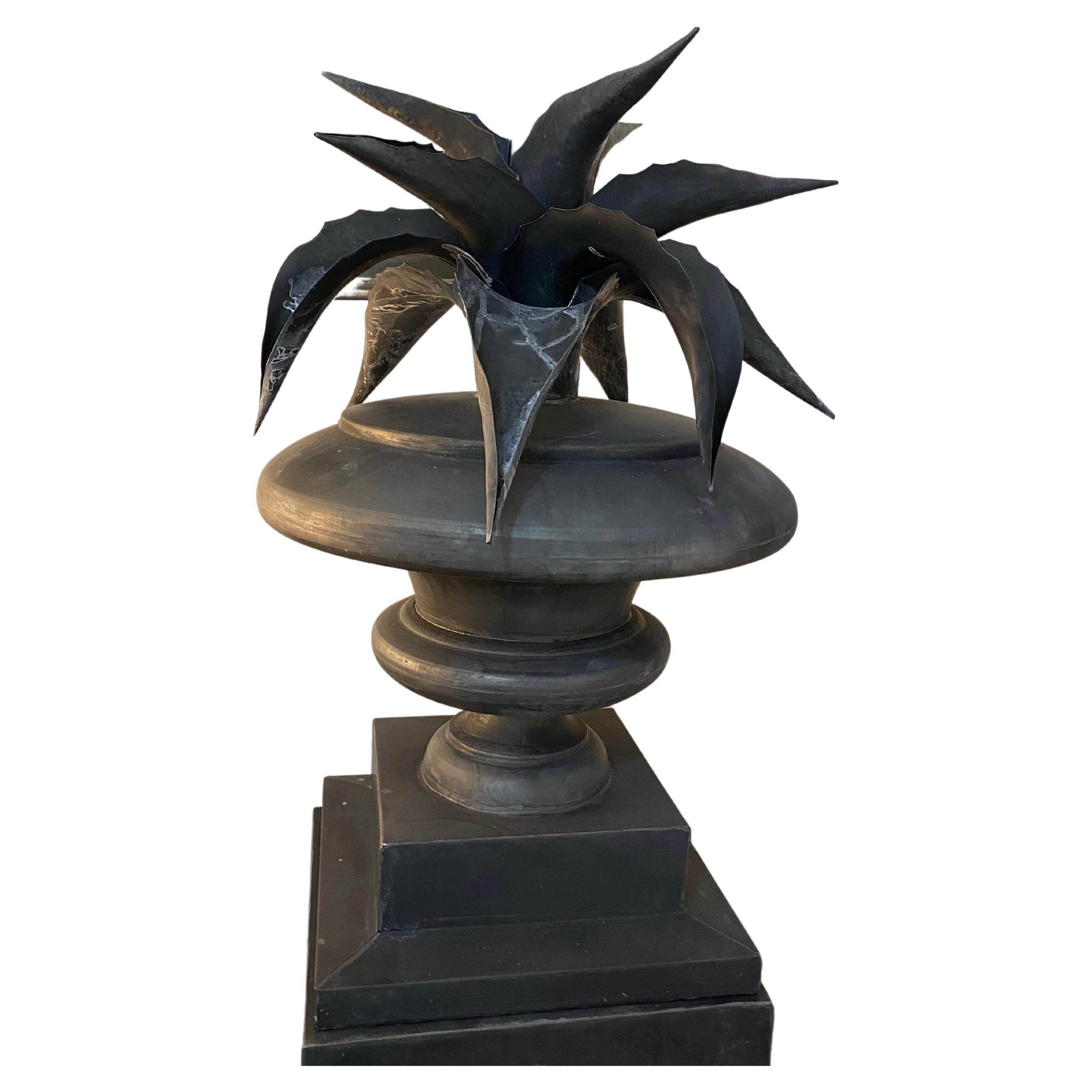 Zinc agave plant sculpture on pedestal stand by Domani modern Sutherland  For Sale