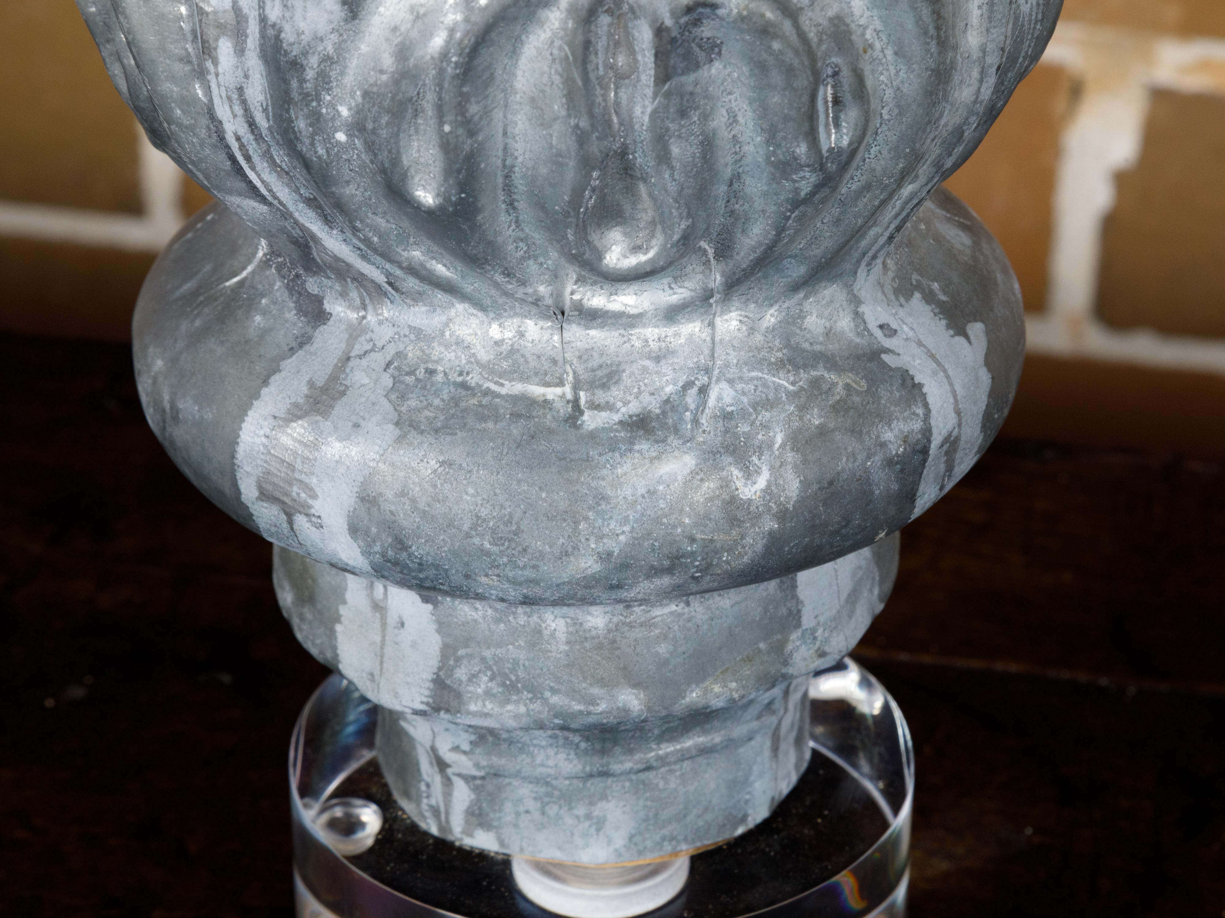 Zinc Crowned Acorn 1920s Decorative Element Mounted on Circular Lucite Base For Sale 1