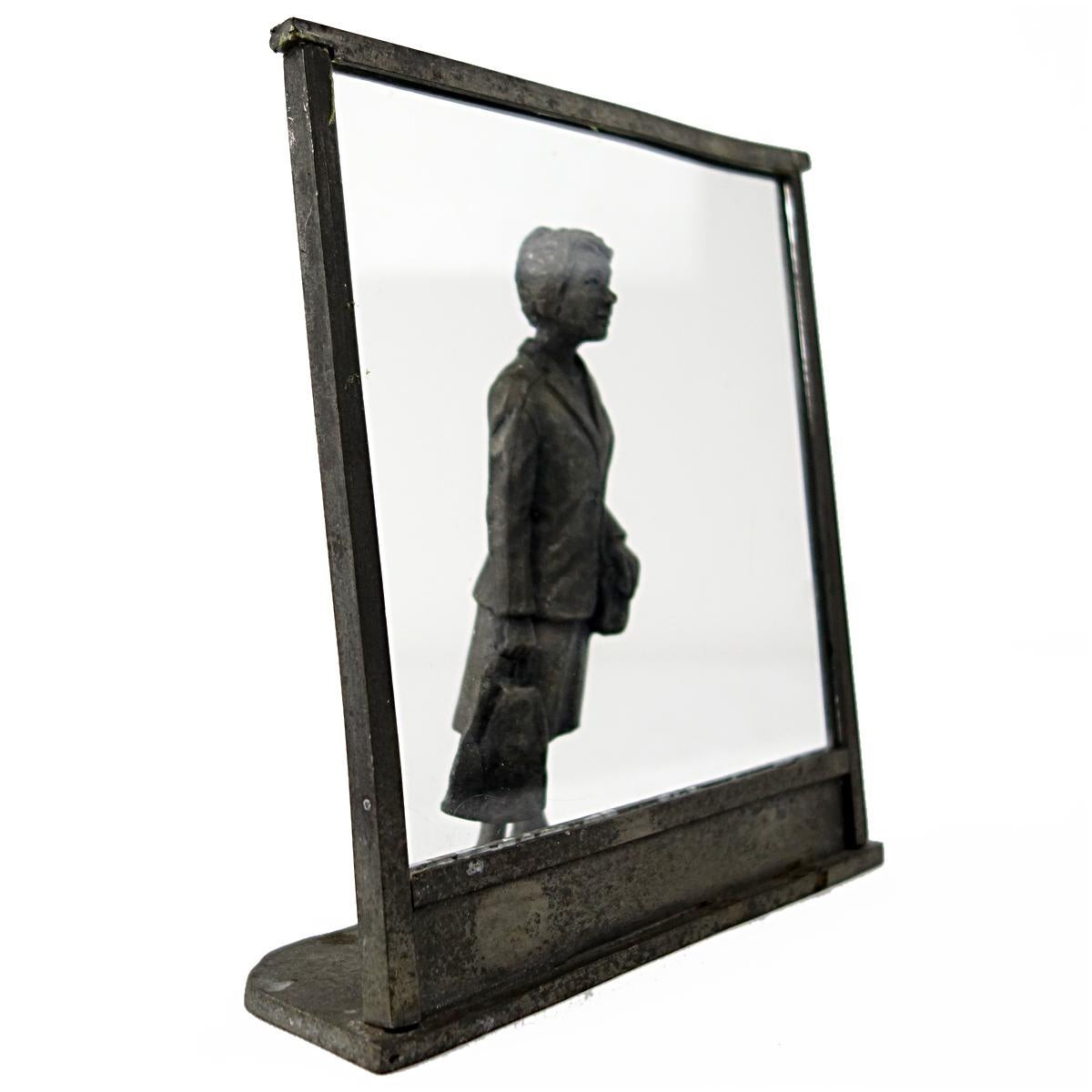 Late 20th Century Zinc Statue of a Flemish Lady Who is Window Shopping at UNIC Supermarket For Sale