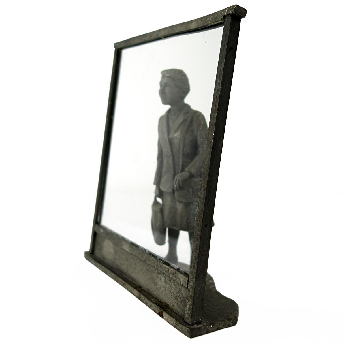 Zinc Statue of a Flemish Lady Who is Window Shopping at UNIC Supermarket For Sale 1