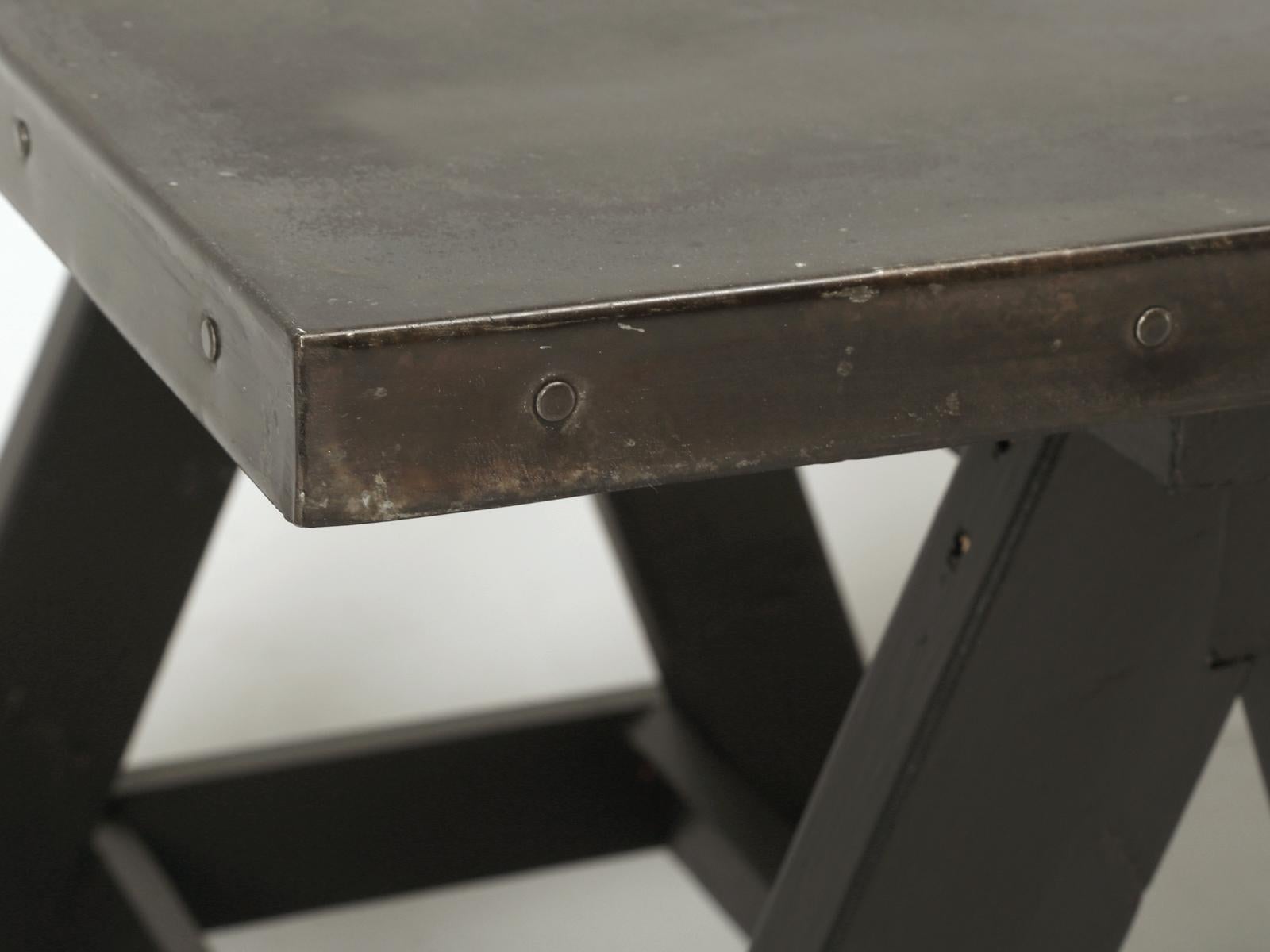 Industrial Zinc Top Desk, or Kitchen Table Mounted to a Pair of Sawhorses. For Sale