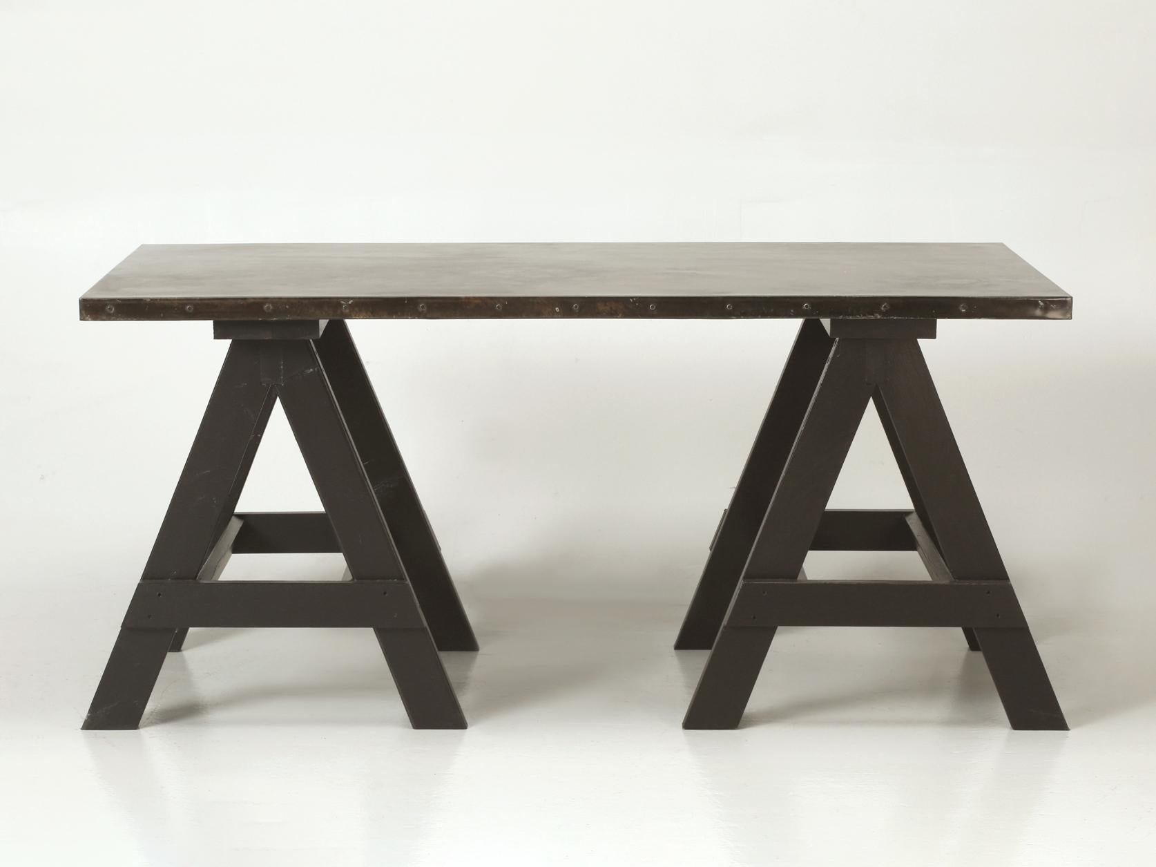 American Zinc Top Desk, or Kitchen Table Mounted to a Pair of Sawhorses. For Sale