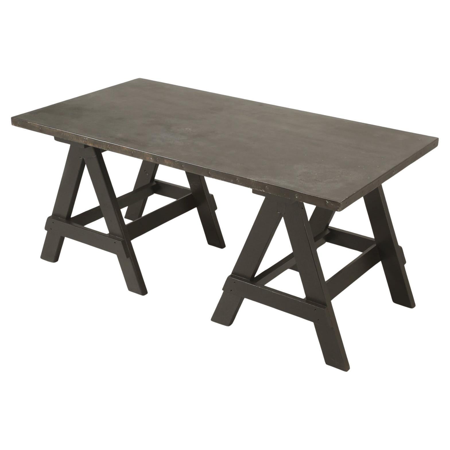 Zinc Top Desk, or Kitchen Table Mounted to a Pair of Sawhorses. For Sale
