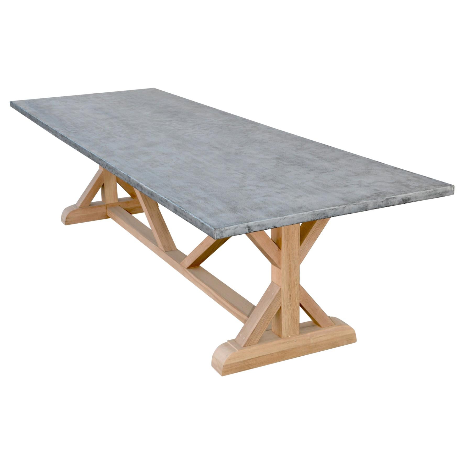 Zinc Top Farm Table Made from Teak, Built to Order by Petersen Antiques For Sale