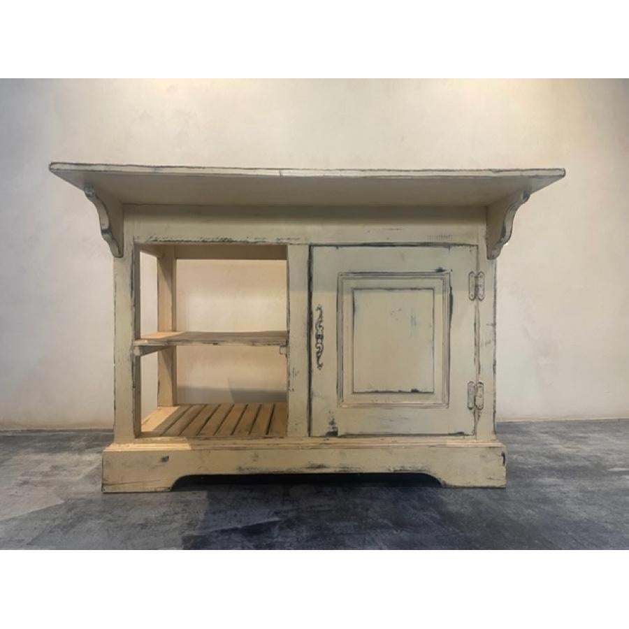 Zinc Top Island with open shelf and cabinet. Hand Painted and glazed, with distressing to add character. Zinc Top has been distressed as well. Highly functional, really fun piece of furniture. Great for a bar or island. 

Item #: