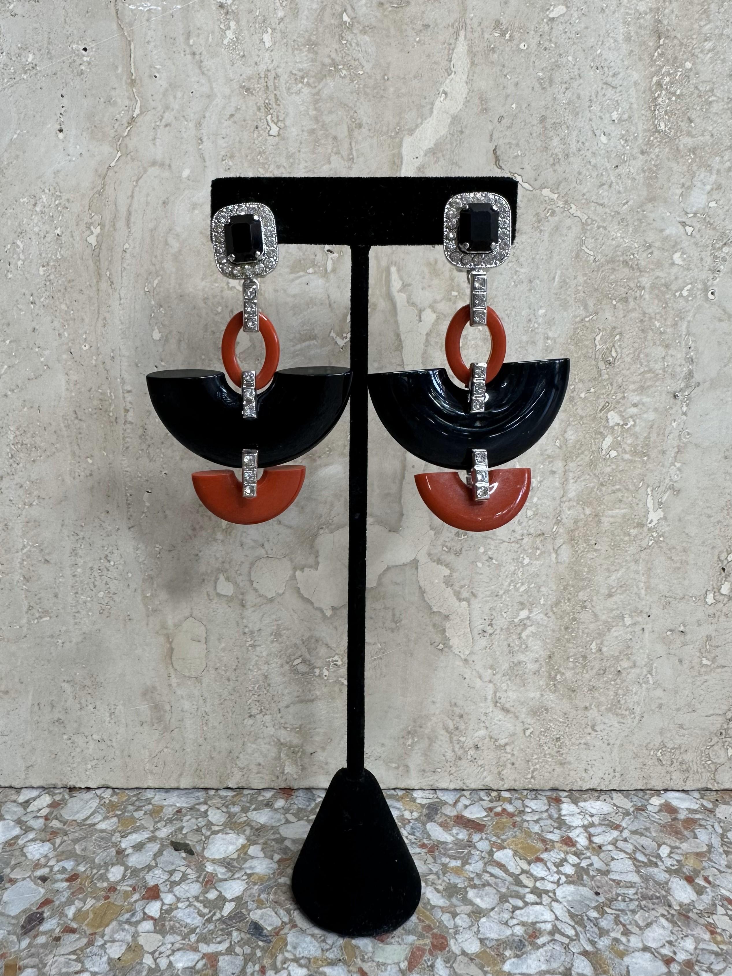 Art Deco Zini Black & Red Clip on Earrings For Sale