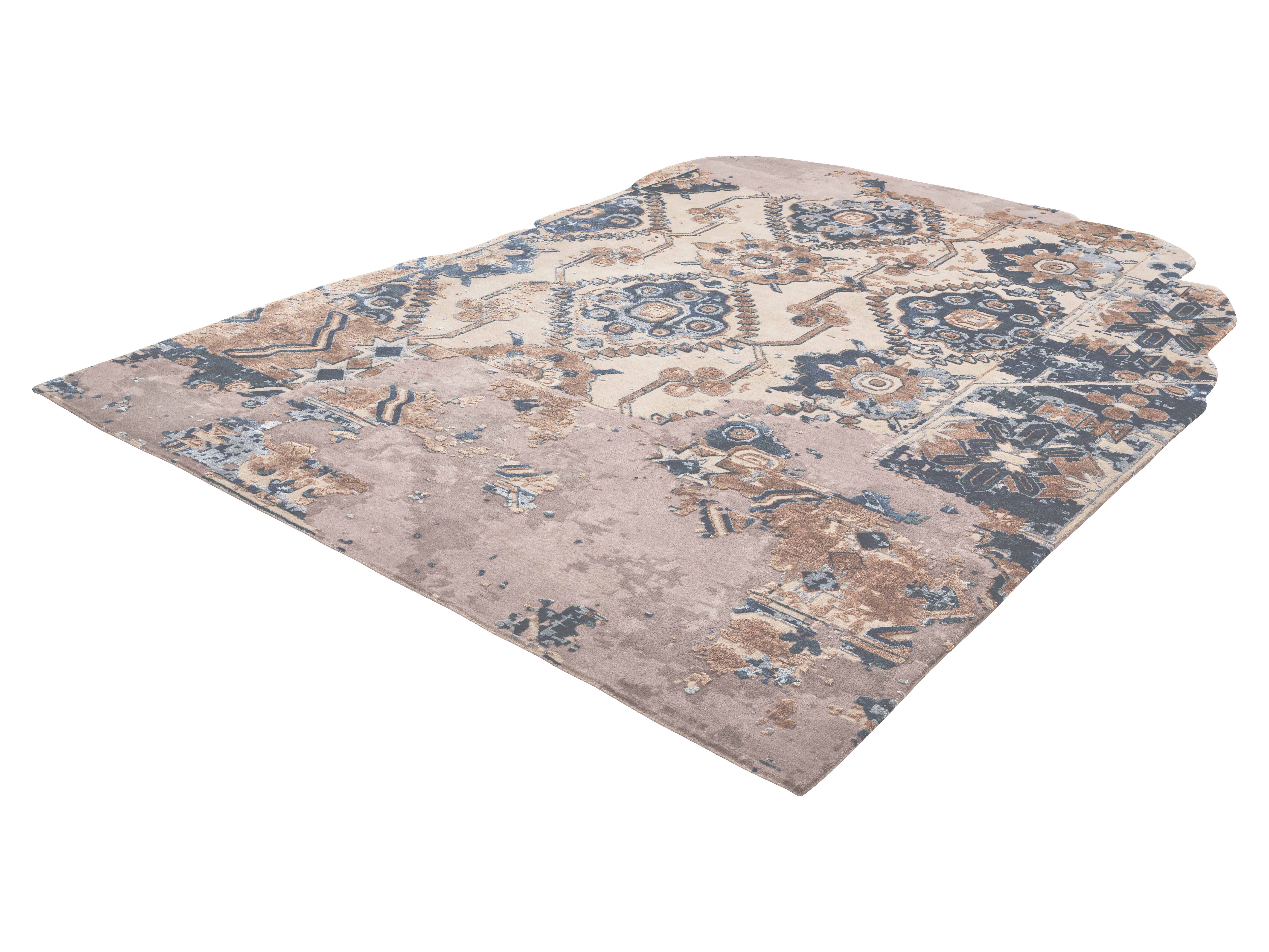 Modern ZINNIA Hand Knotted Floral Transitional Shaped Rug in Teal Rust Colour by Hands  For Sale