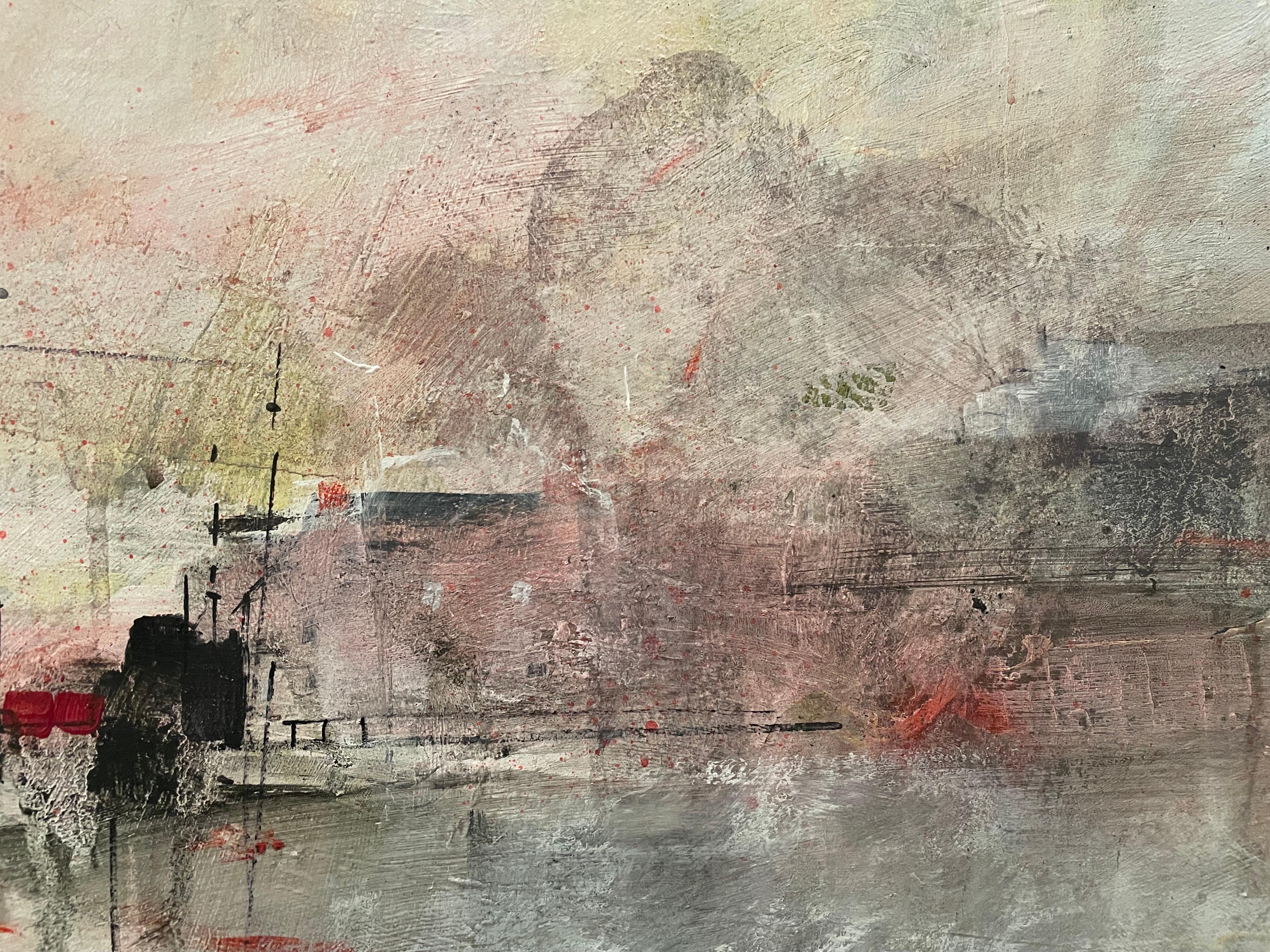 Stadtbild   Weiß und Rot Abstrakte Landschaft Gemälde Zeitgenössische Kunst von Mor (Braun), Abstract Painting, von Zion Mor