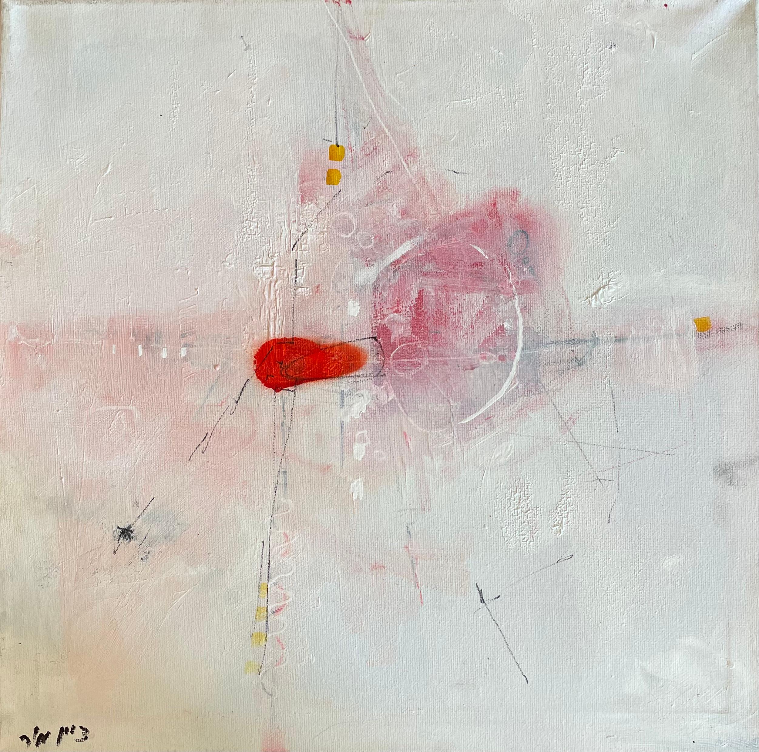 Zion Mor Abstract Painting - "Just Love" White & Red Minimalist Contemporary Abstract Line-work Landscape