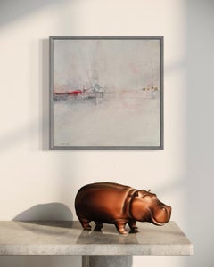 "Misty Bridge" - Modern Layered Minimal Abstract Landscape in White and Red Oil