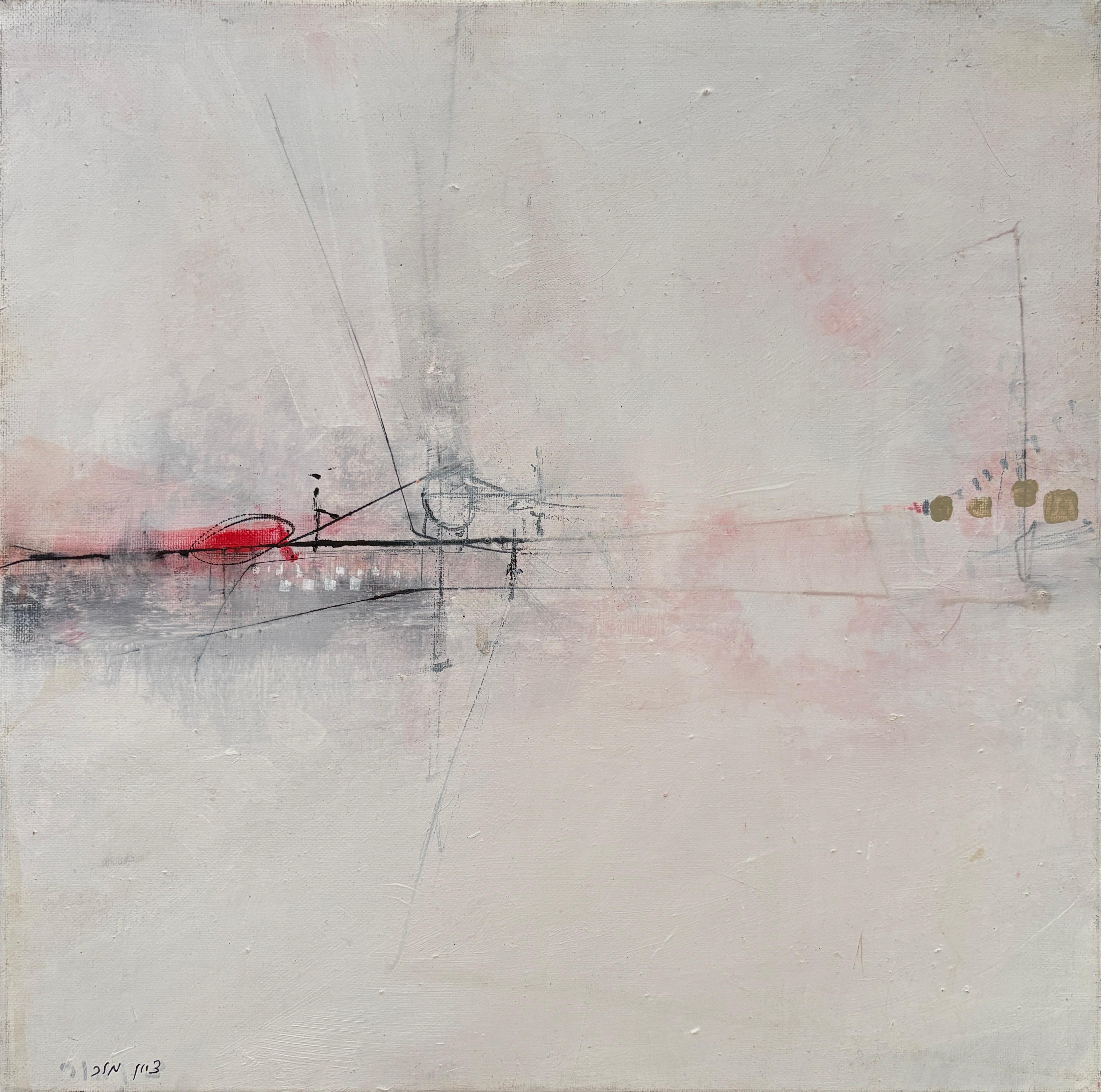 Zion Mor Landscape Painting - "Misty Bridge" - Modern Layered Minimal Abstract Landscape in White and Red Oil