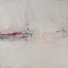 "Misty Bridge" - Modern Layered Minimal Abstract Landscape in White and Red Oil
