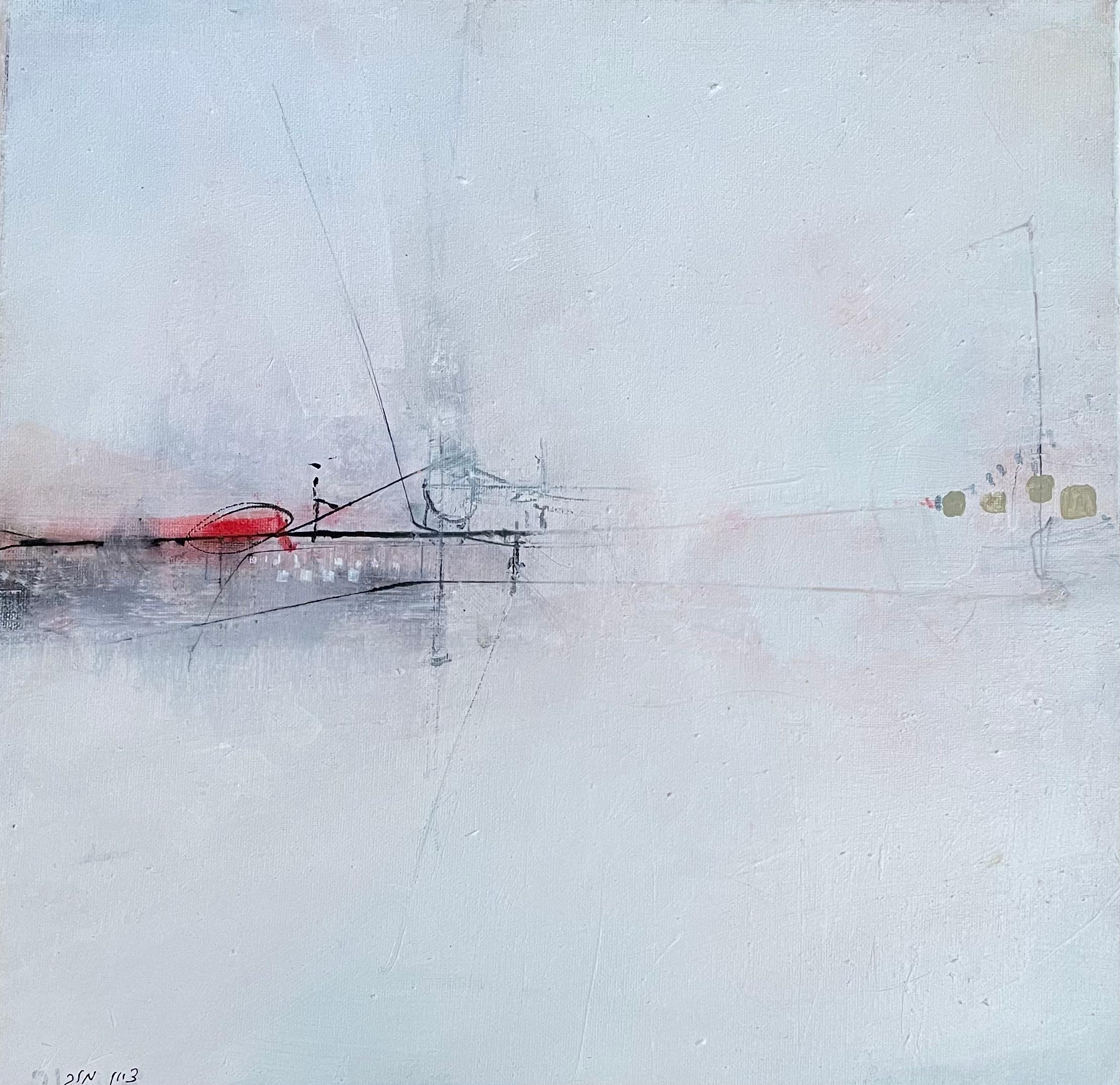 Zion Mor Landscape Painting - "Misty Bridge" White & Red Minimal Contemporary Abstract Urban Landscape