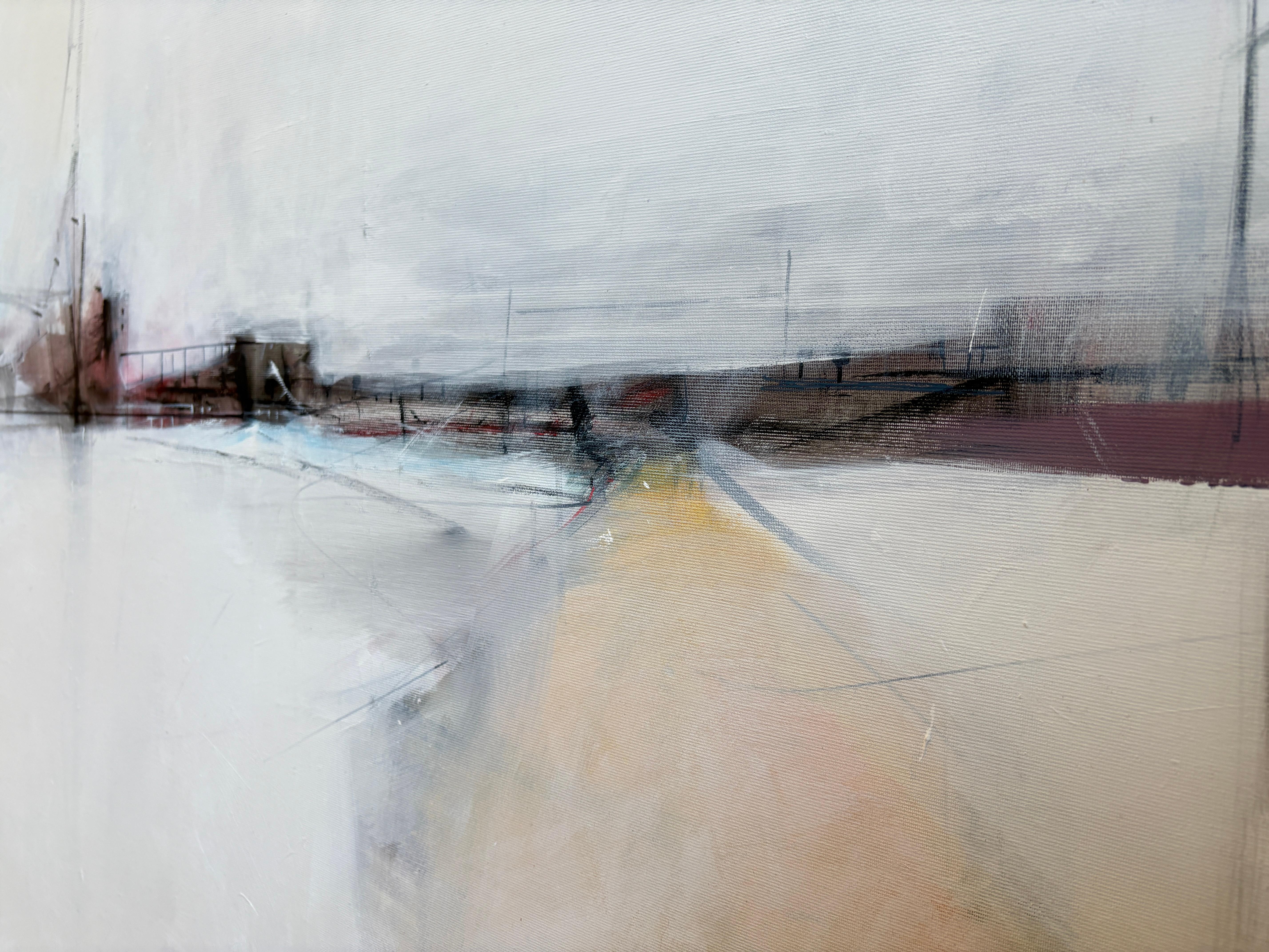 Zeitgenössische abstrakte Stadtlandschaft in Weiß und Rot  Zion Schwarzes Acryl von Zion im Angebot 5