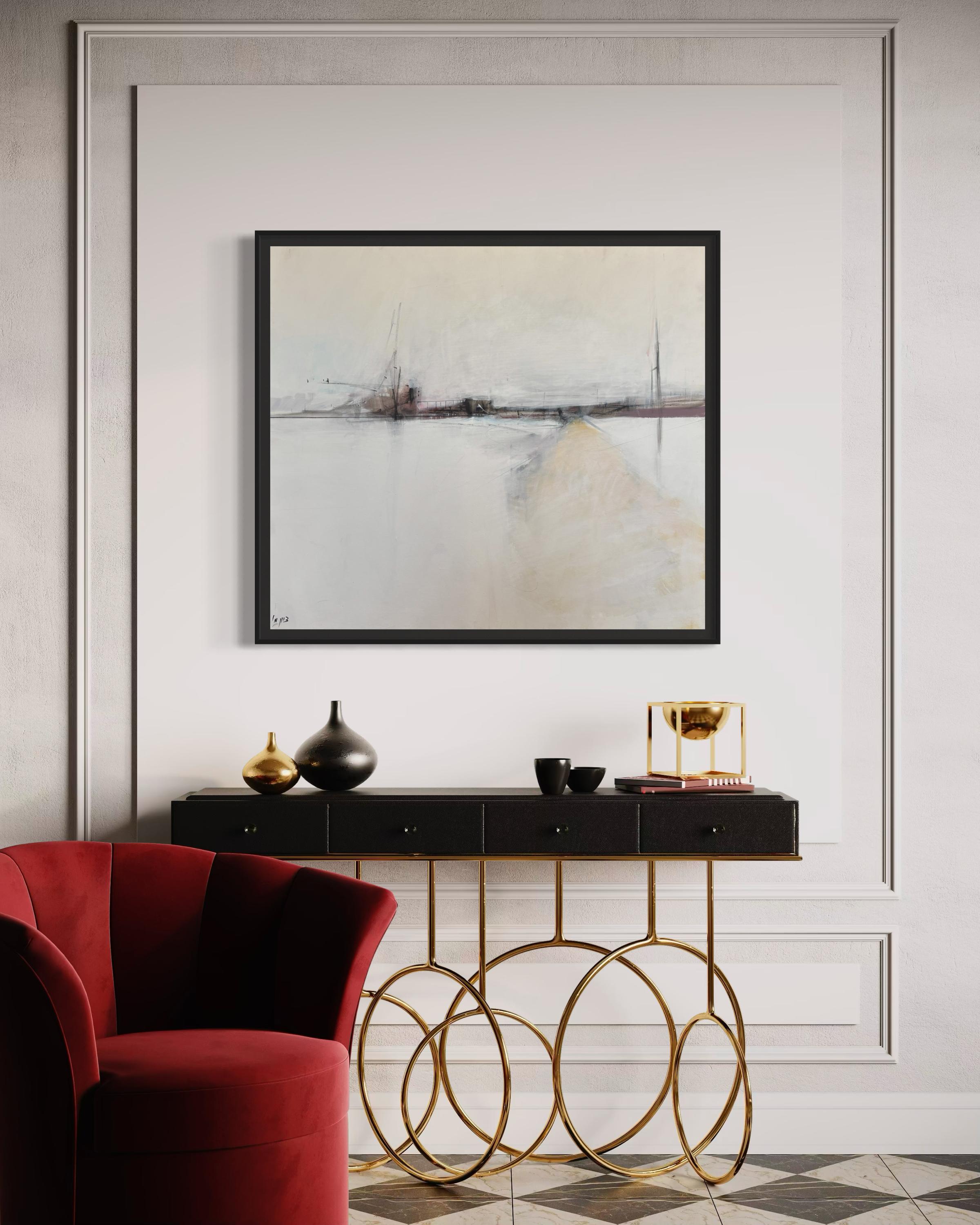 Zeitgenössische abstrakte Stadtlandschaft in Weiß und Rot  Zion Schwarzes Acryl von Zion im Angebot 6