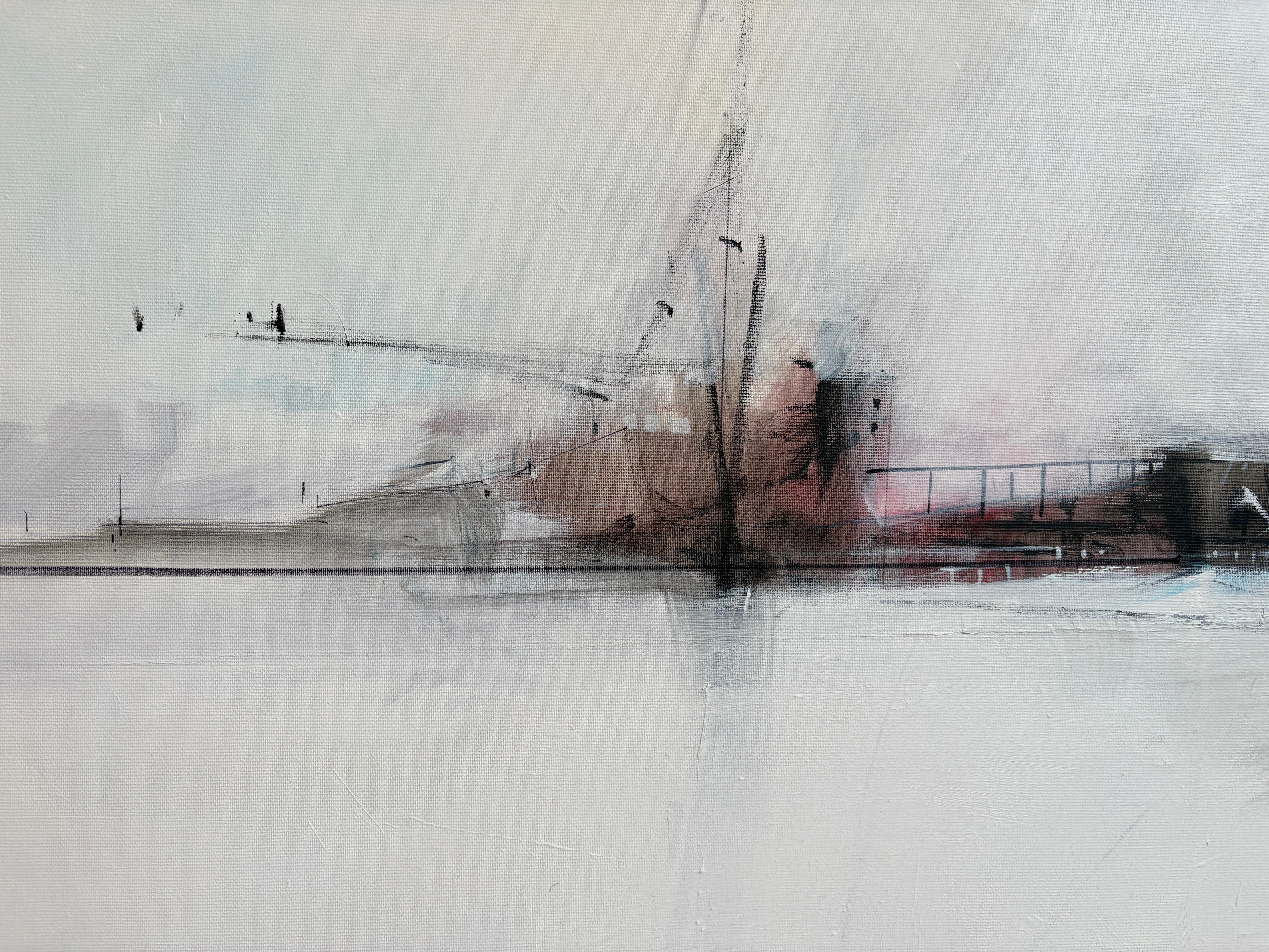 Zeitgenössische abstrakte Stadtlandschaft in Weiß und Rot  Zion Schwarzes Acryl von Zion (Minimalistisch), Painting, von Zion Mor