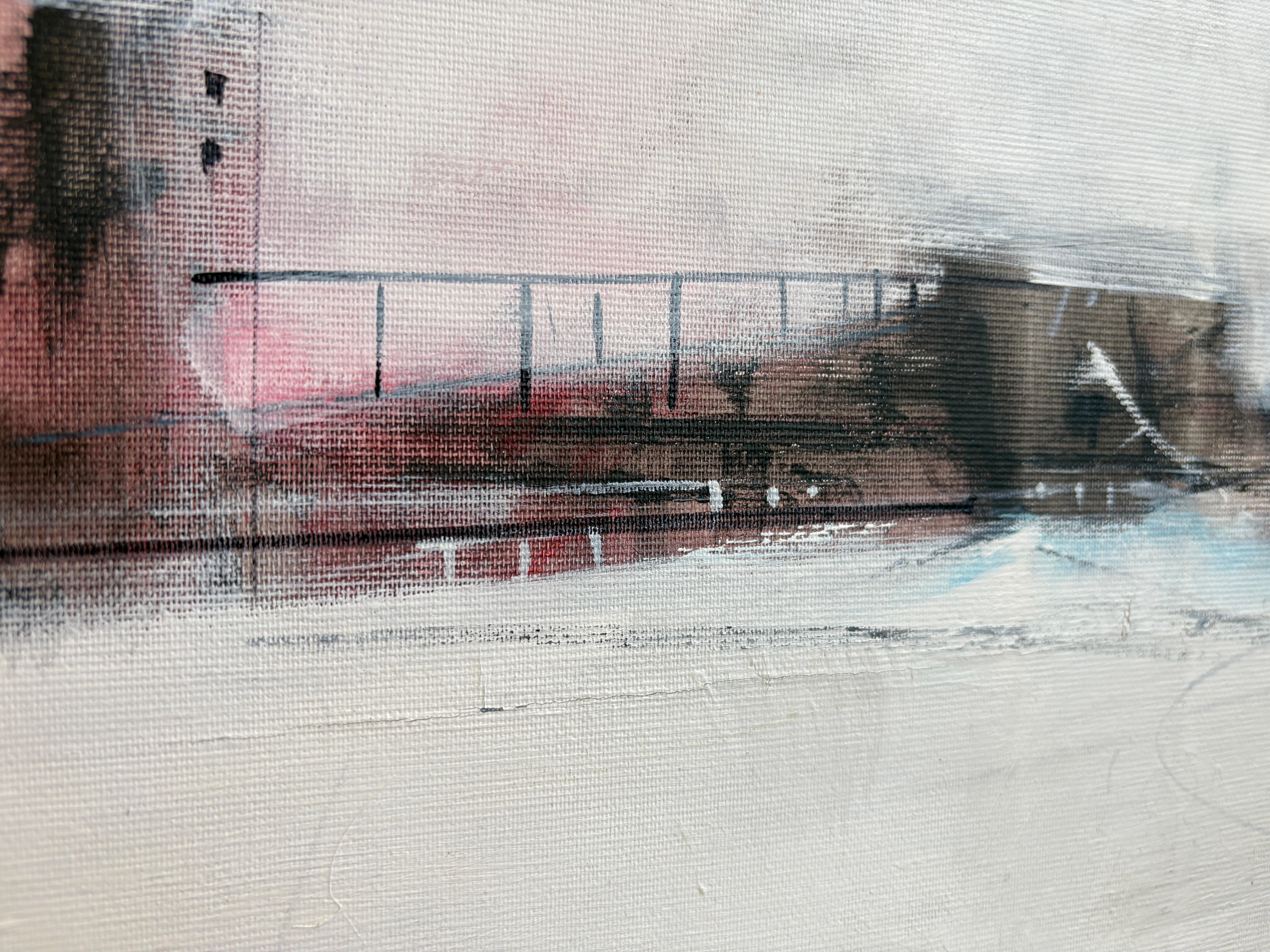 Zeitgenössische abstrakte Stadtlandschaft in Weiß und Rot  Zion Schwarzes Acryl von Zion im Angebot 2