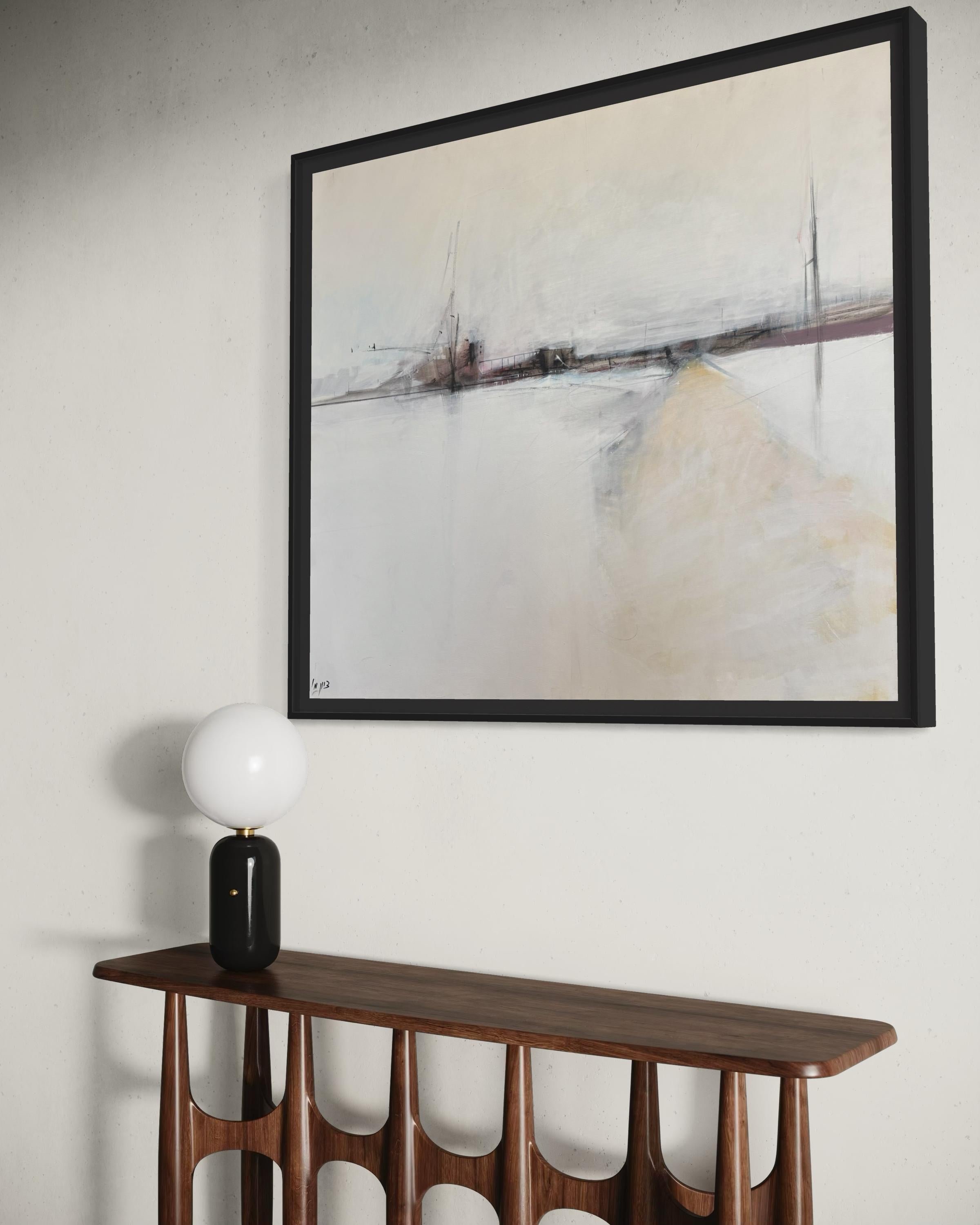 Zeitgenössische abstrakte Stadtlandschaft in Weiß und Rot  Zion Schwarzes Acryl von Zion im Angebot 3