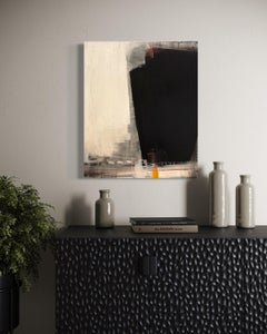 "Yellow Spot" - Modern Geometric Abstract with Black, Yellow, and Red Oil Paint