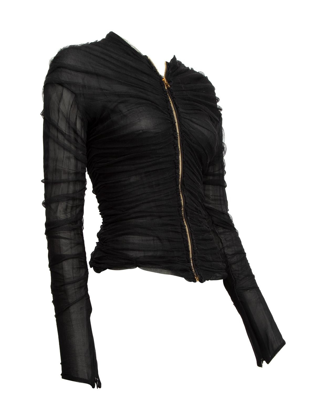 CONDITION is Good. Minor wear to top is evident. Signs of piling and pulls to mesh material near front stomach area and a hole on the sleeve of this used Tom Ford designer resale item.
 
 Details
  Black
 Silk
 Figure-hugging
 Long sleeves

