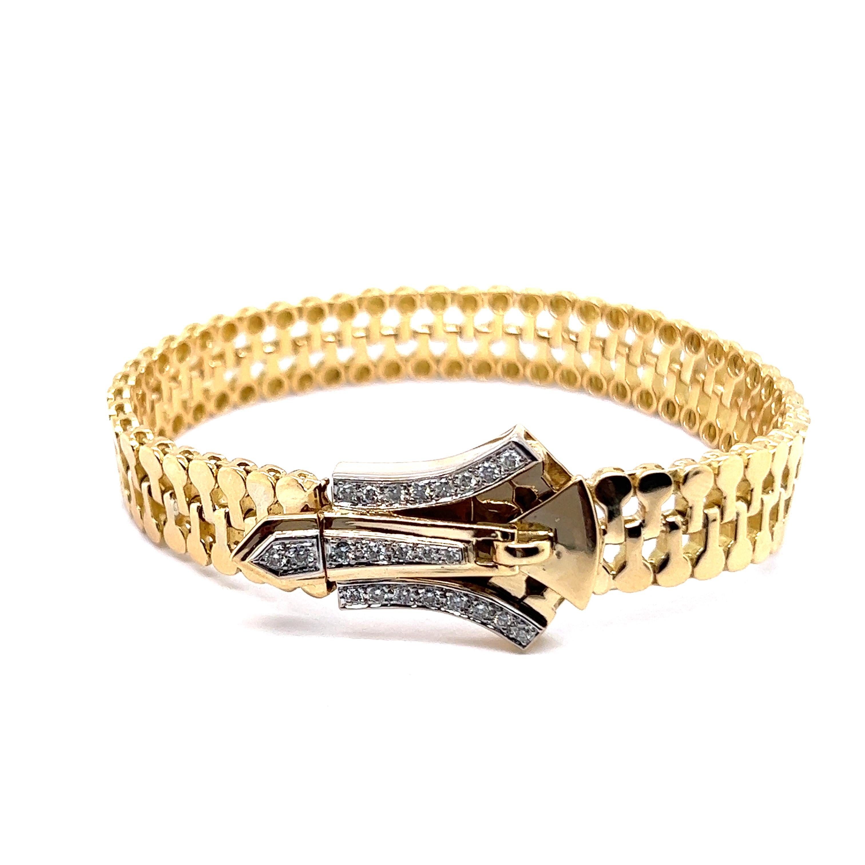 Introducing a remarkable 18 Karat Yellow and White Gold bracelet with Diamonds, designed in the shape of a zipper. This edgy bijou is truly a creative fusion of fashion history, functionality, and opulence, paying homage to the innovative spirit