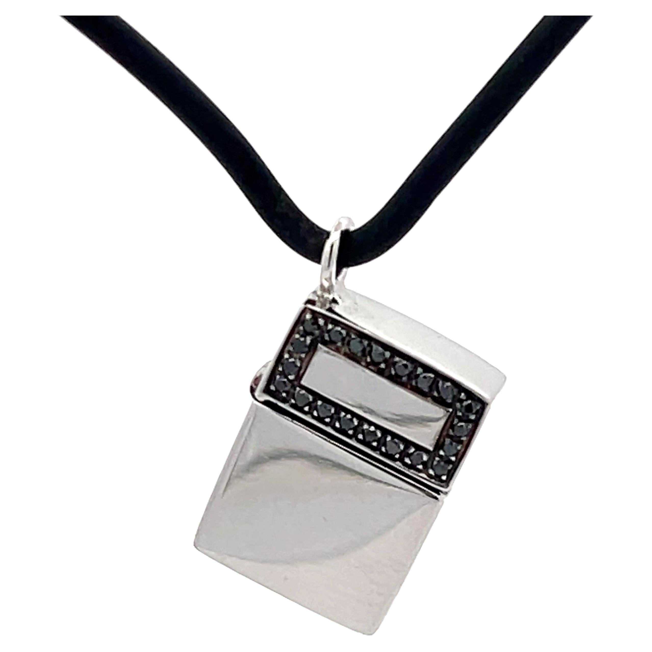 Zippo Lighter Pendant with Black Diamonds in 18k White Gold on Rubber Cord For Sale