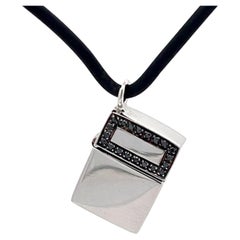 Used Zippo Lighter Pendant with Black Diamonds in 18k White Gold on Rubber Cord