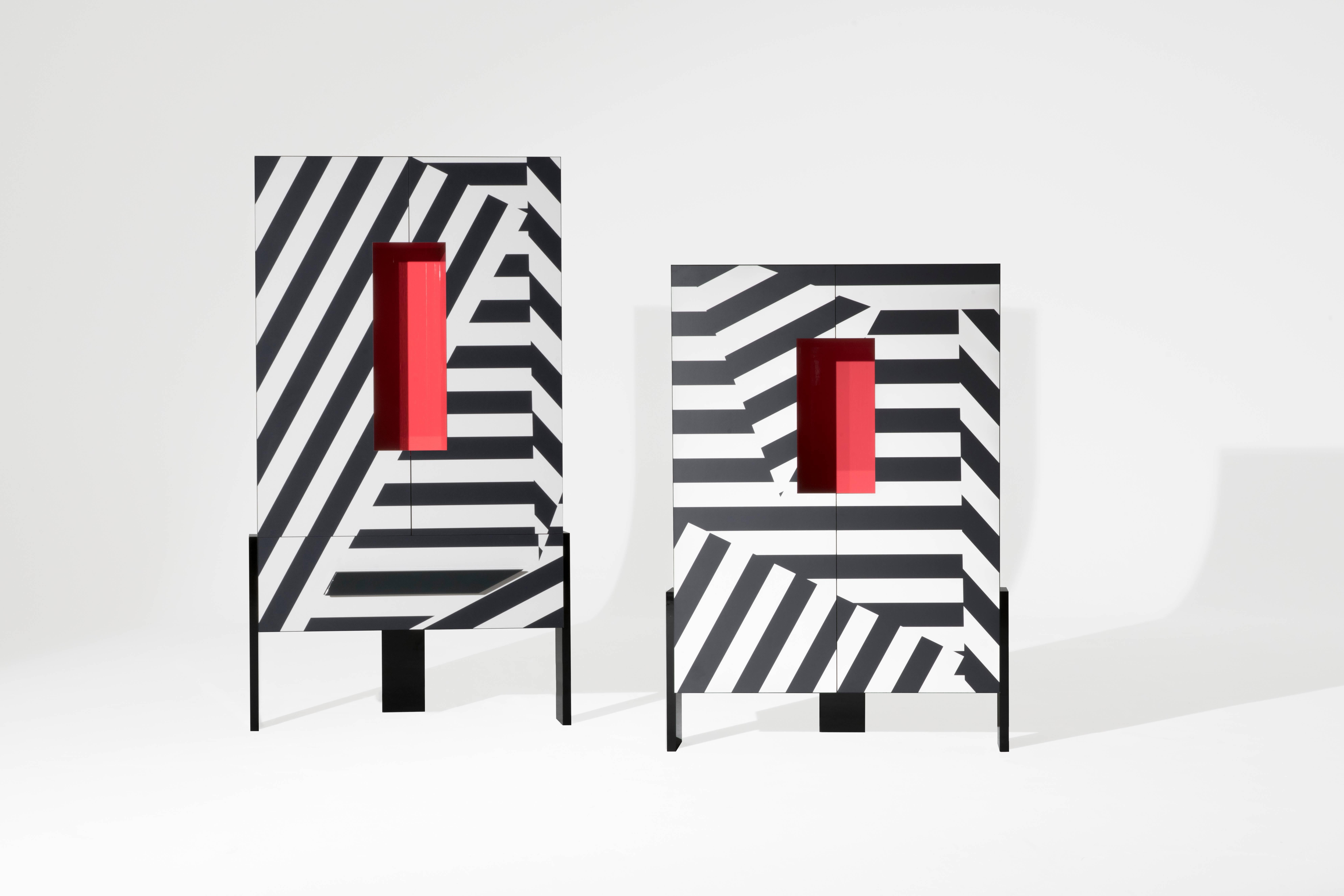 Modern Ziqqurat Low Cabinet in Black and White Pattern with Red Detail by Driade Lab For Sale