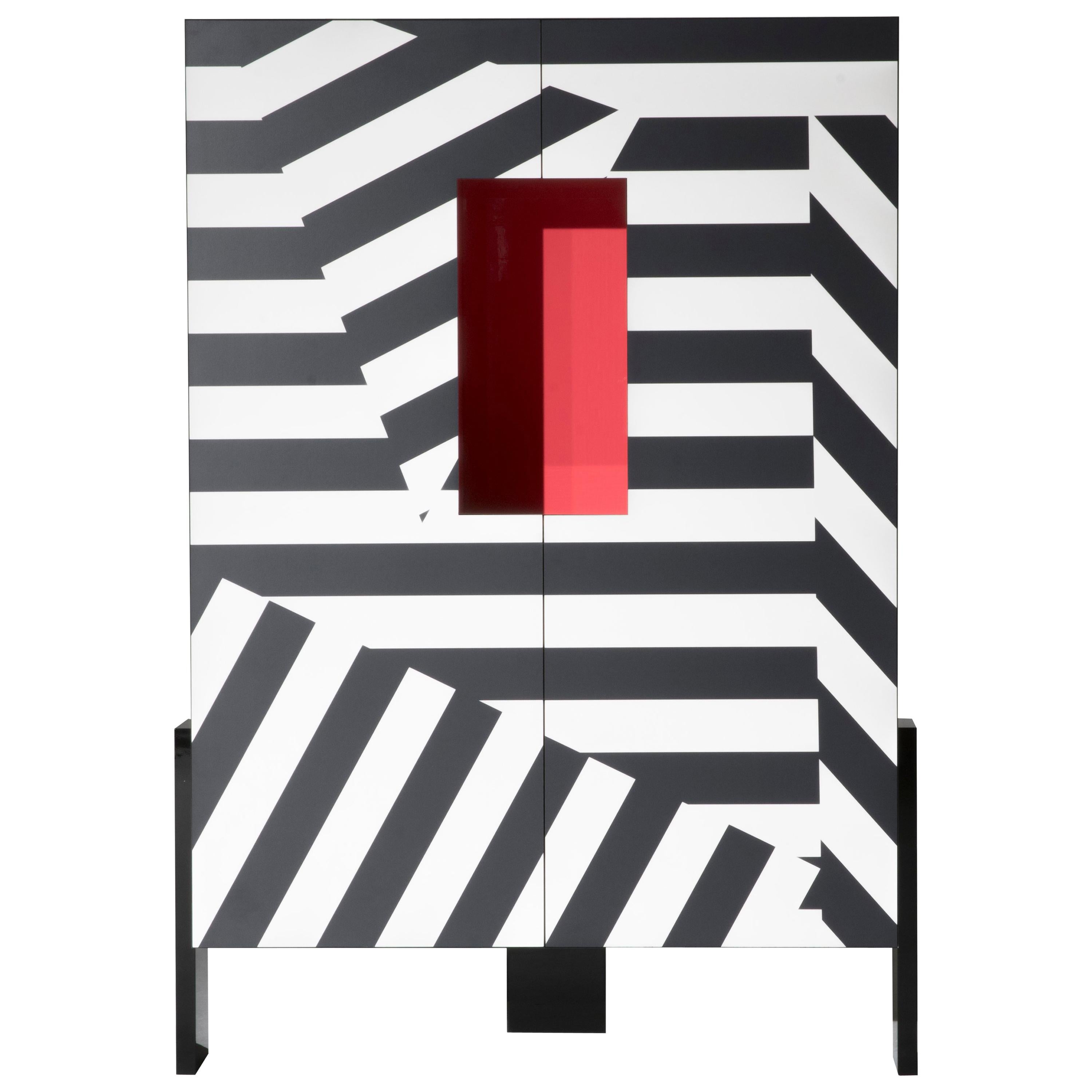 Meuble de rangement bas Ziqqurat à motif noir et blanc avec détails rouges de Driade Lab en vente