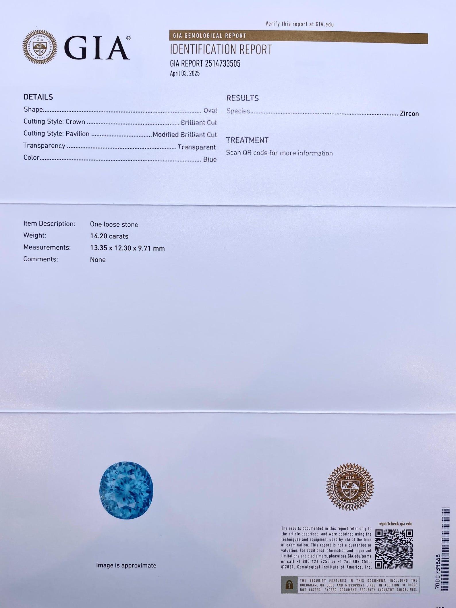 Taille ovale Zircon 14,20 carats, pierre précieuse naturelle bleue, taille ovale, Cambodge, certificat GIA en vente