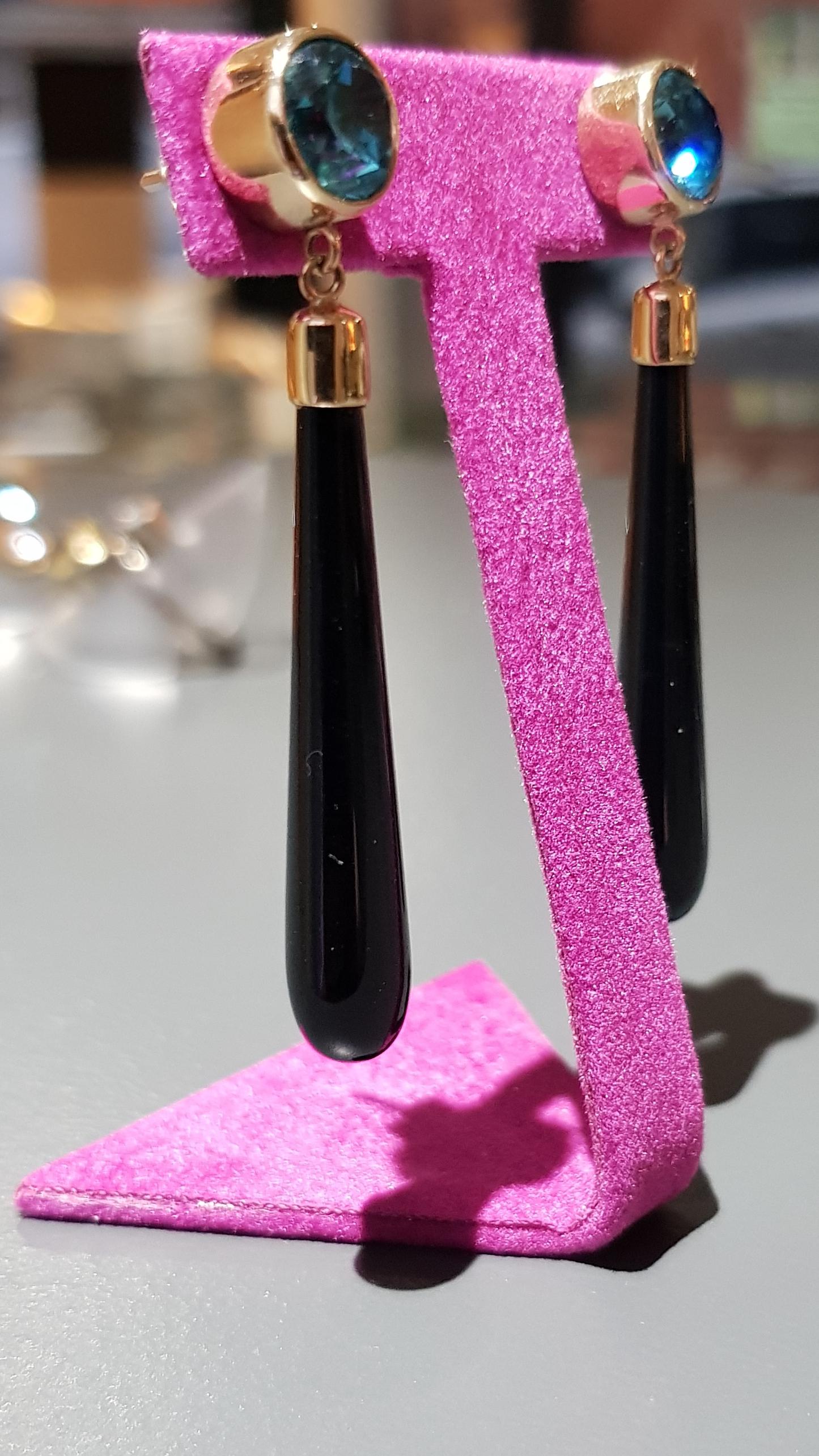 Contemporary Zircon and Onyx Dress Drop Earrings in Gold For Sale
