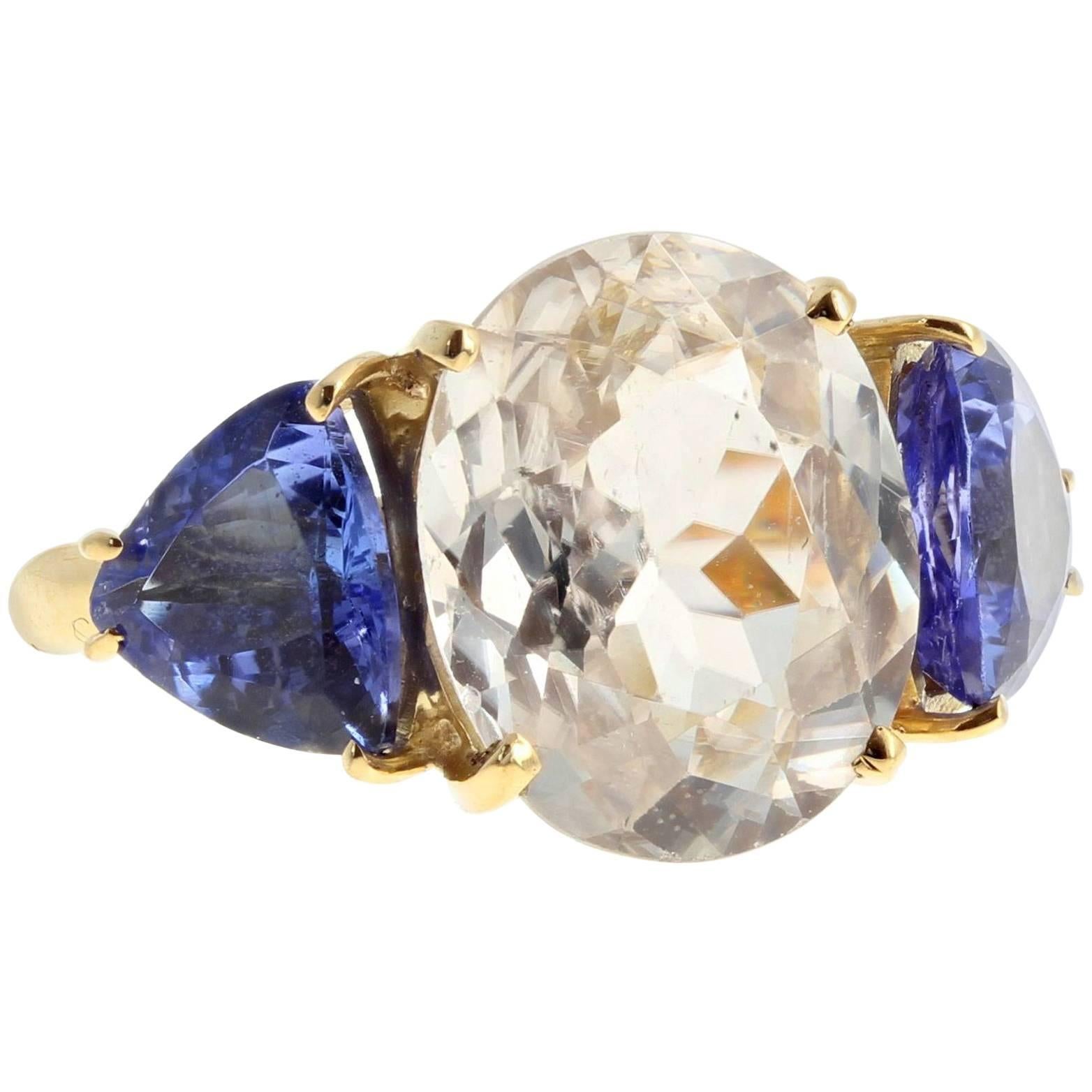 AJD, bague cocktail en or 18 carats, zircon et tanzanite du Cambodge de 5 carats, couleur naturelle brillante