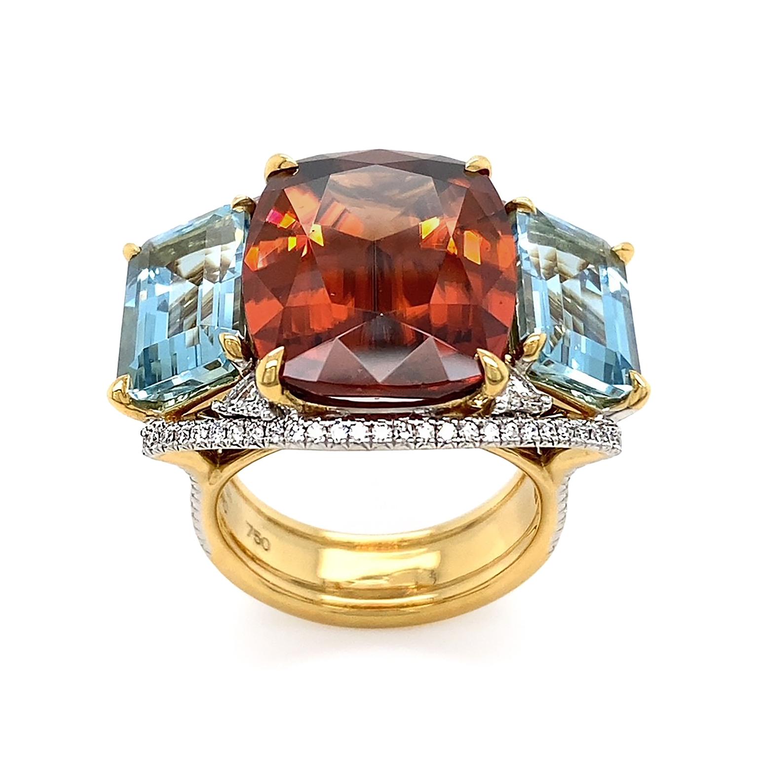 Cushion Cut 18K Yellow Gold Orange Zircon, Aquamarine and Diamond Ring For Sale