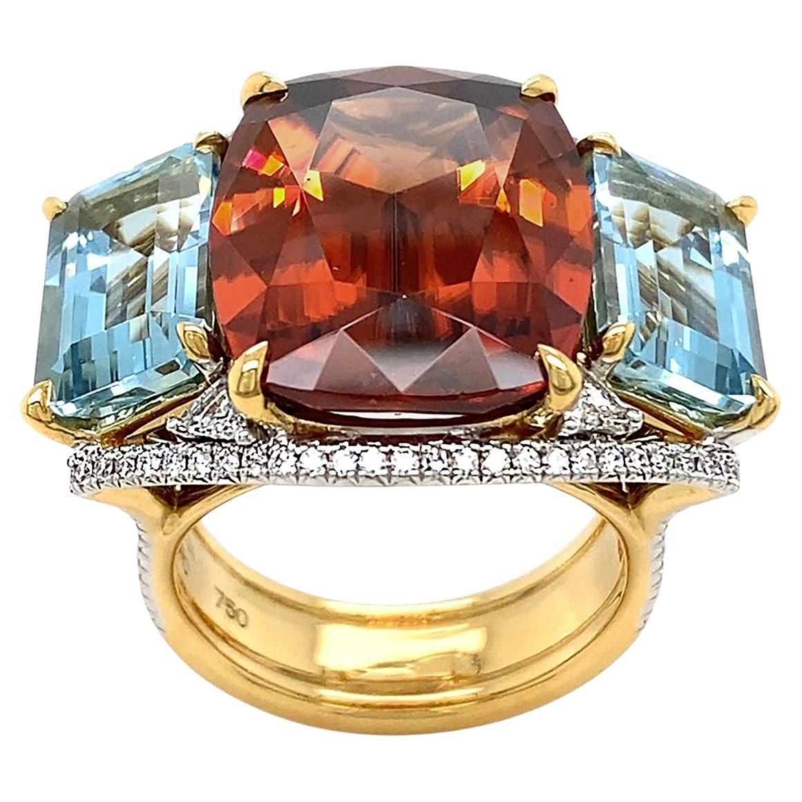 18K Yellow Gold Orange Zircon, Aquamarine and Diamond Ring For Sale