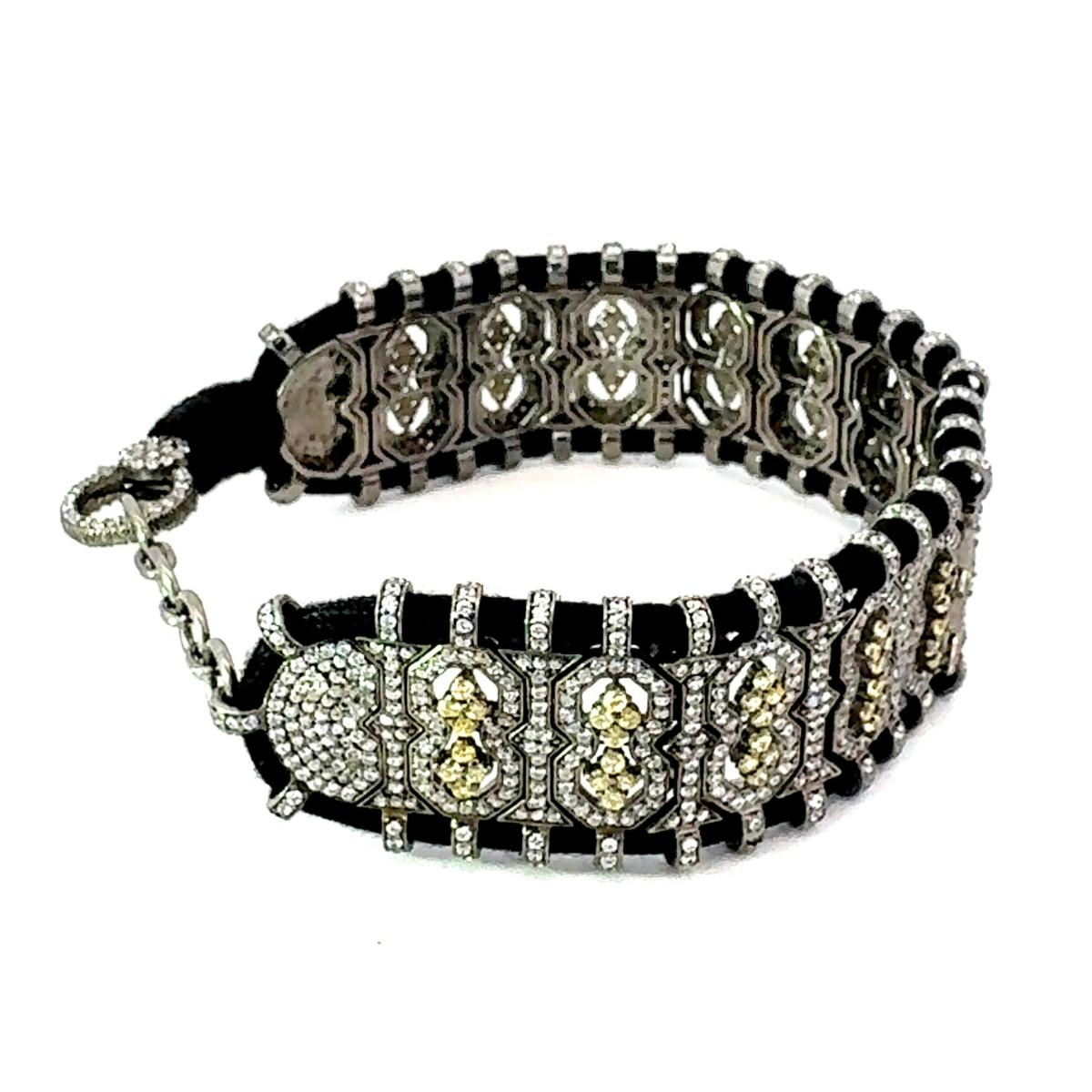 Art Deco Zircon Black Macrame Thread Bracelet for Women in Solid Silver Handmade Jewelry For Sale