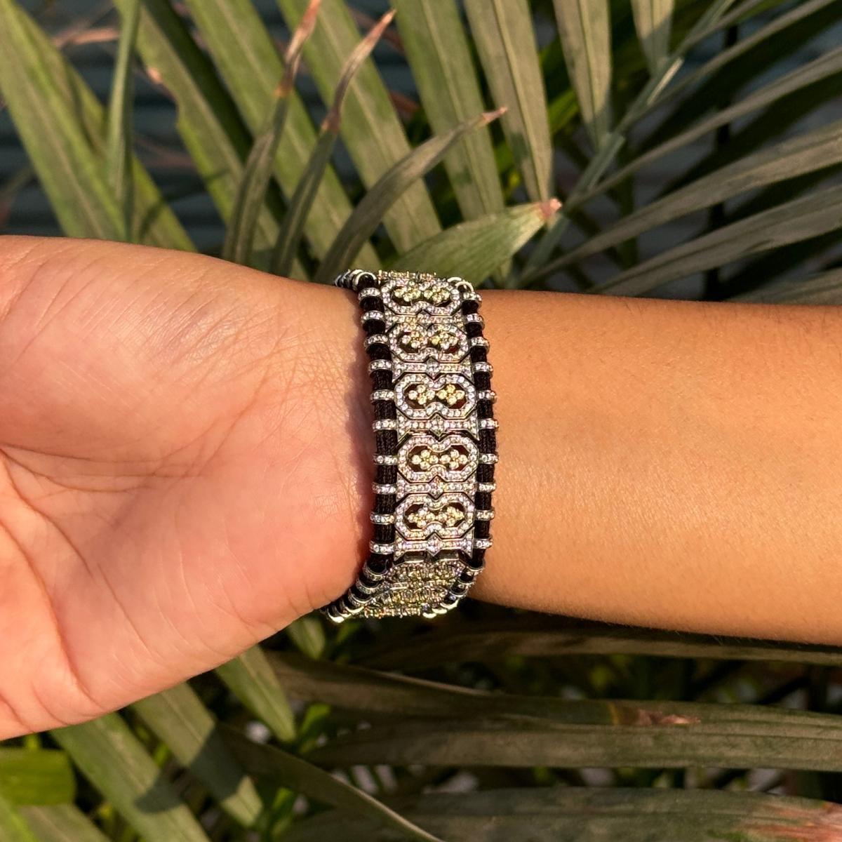 Zircon Black Macrame Thread Bracelet for Women in Solid Silver Handmade Jewelry For Sale 1