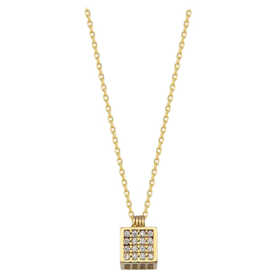 Zircon Cube Pendant Necklace 18" in 14K Solid Yellow Gold For Sale