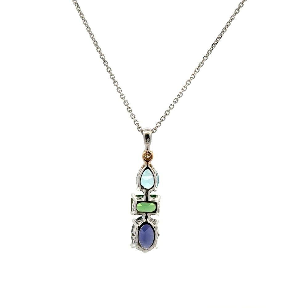 Taille mixte Collier pendentif vintage en zircon, tourmaline verte, iolite et diamant en vente