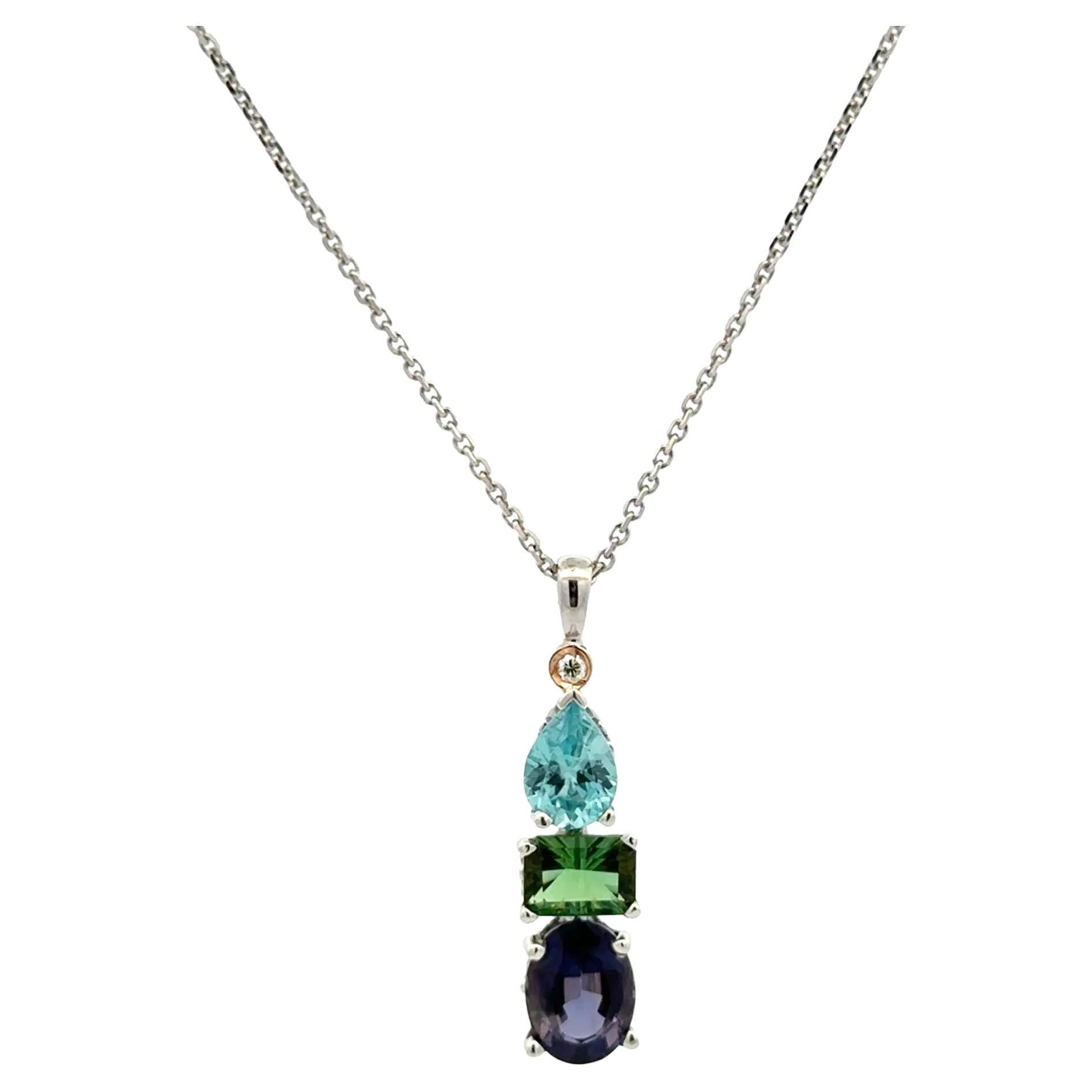 Collier pendentif vintage en zircon, tourmaline verte, iolite et diamant en vente