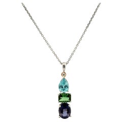 Collier pendentif vintage en zircon, tourmaline verte, iolite et diamant