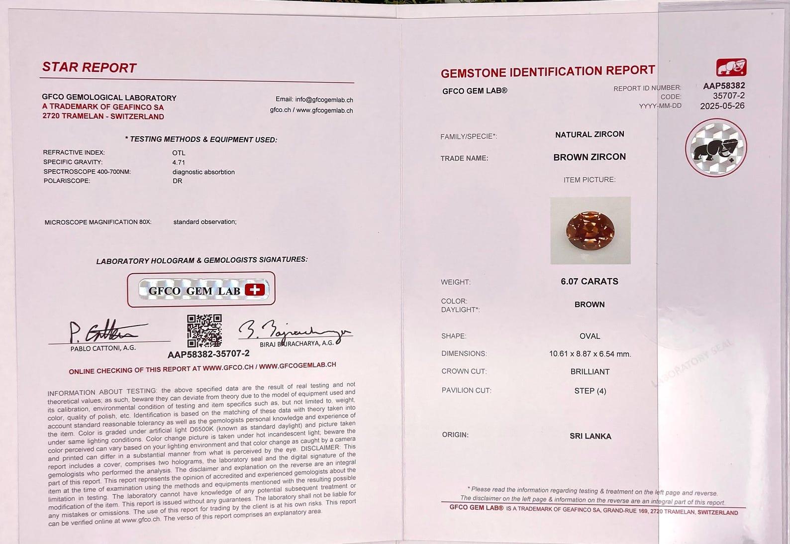 Zircon natural Loose Gemstone 6.07 ct., Oval cut, Sri-Lanka, Certificate GFCO Corte oval en venta